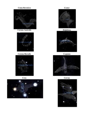Coma Berenices Crater
Corona Australis Delphinus
Corona Borealis Cygunus
Crux Corvus
 