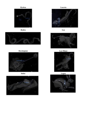 Hydrus Lacerta
Hydra Leo
Horologium Leo Minor
Indus Lupus
 