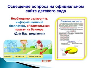 Необходимо разместить
информационный
бюллетень «Родительская
плата» на баннере
«Для Вас, родители»
 