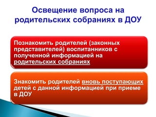 Познакомить родителей (законных
представителей) воспитанников с
полученной информацией на
родительских собраниях
Знакомить родителей вновь поступающих
детей с данной информацией при приеме
в ДОУ
 