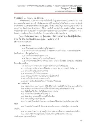 นวัตกรรม “ การจัดกิจกรรมเสริมสร้างคุณธรรม ” ตามระบอบประชาธิปไตยในสถานศึกษา
โดยครูแชมป์ ฟักอ่อน
www.damsanid.blogger.com
๓๓
กิจกรรมที่ ๓ ค่ำยพระ ครู ผู้ปกครอง
ค่ำยคุณธรรม เป็นกิจกรรมอย่างหนึ่งที่จัดขึ้นในรูปของการเรียนรู้นอกห้องเรียน เป็น
ลักษณะของกิจกรรมนาความรู้ เพื่อพัฒนาความรู้สู่ปัญญาส่งเสริมให้เกิดทักษะจากการลงมือทา
ผ่านกิจกรรม เป็นการจัดกิจกรรมการเรียนรู้ที่ต้องการส่งเสริมให้ผู้เรียนเรียนรู้อย่างต่อเนื่อง มี
ทักษะชีวิต คิดแก้ปัญหาด้วยปัญญา มีวินัย สามัคคี และมีสานึก รวมถึงการคิดสร้างสรรค์
การจัดการค่ายจาเป็นต้องมีกระบวนการจัดการอย่างเป็นระบบเพื่อให้บรรลุวัตถุประสงค์ของ
โครงการ การจัดการมีการแบ่งหน้าที่การทางานอย่างชัดเจน มีผู้นาและผู้ตาม
ในกำรจัดกิจกรรมค่ำยพระ ครู ผู้ปกครอง กิจกรรมในค่ำยจะต้องมีผู้เกี่ยวข้อง
ครบ ทั้ง บ้ำน วัด โรงเรียน และชุมชน ( พลัง บ ว ร )
แนวทำงกำรดำเนินกำร
๑. ก่อนทำงำน
๑.๑ ศึกษาแนวทางการดาเนินการกิจกรรมค่าย
๑.๒ การจัดกิจกรรมค่าย อาจจัดในโรงเรียนหรือนอกโรงเรียน และอาจจัดร่วมกับ
โรงเรียนอื่น ๆ หรือกลุ่มโรงเรียน
๑.๓ แต่งตั้งคณะกรรมการดาเนินงาน
๑.๔ ประชุม วางแผนการทางานอย่างเป็นระบบ
๑.๕ กาหนดกิจกรรมให้เป็นไปตามนโยบาย บ้าน วัด โรงเรียน และชุมชน มีส่วนร่วม
ในการพัฒนาผู้เรียน
๑.๖ วางแผนการจัดลาดับการดาเนินการให้เหมาะสมกับห้องอบรม
๑.๗ เตรียมอุปกรณ์การกาหนดที่นั่ง เช่น กระดาษ A๔, ปากกาเคมี, ป้ายชื่อ, ฯลฯ
๑.๘ เตรียมสถานที่รับประทานอาหาร
๑.๙ วางแผนการนั่งรับประทานอาหาร
๑.๑๐ วางแผนการเก็บจานล้างจาน/แก้วน้า/โต๊ะ/เก้าอี้
๑.๑๑ เตรียมป้ายสาหรับการวางรองเท้า
๑.๑๒ ดูความเรียบร้อยของห้องน้า/ห้องนอน/ห้องอบรม
๒. ระหว่ำงงำน
๒.๑ ประชุมคณะครูและวิทยากร ให้รับรู้ถึงการทางานเพื่อให้เป็นไปในแนวทางเดียวกัน
๒.๒ ควบคุมและติดตามการทางานให้เป็นไปตามวัตถุประสงค์ของโครงการ
๒.๓ ตัดใจสินแก้ไขปัญหาที่เกิดขึ้นระหว่างการทางาน
๒.๔ เพิ่มเติมในงานบางส่วนที่ไม่สมบูรณ์
๒.๕ จัดลาดับการนั่งของผู้เข้าอบรมให้เรียบร้อย
๒.๖ แจกป้ายชื่อผู้เข้ารับการอบรม
๒.๗ กาหนดที่นั่งของผู้เข้ารับการอบรมหลังจากที่จัดแถวเสร็จแล้วมีแบบฟอร์มให้
กรอก
๒.๘ ทาแผนผังกาหนดที่นั่ง โดยเอาตารางแต่ละแถวมารวมให้อยู่ในกระดาษแผ่น
เดียวกัน
๒.๙ ตรวจสอบโรคประจาตัวของผู้เข้ารับการอบรม เพื่อความปลอดภัยของนักเรียน
๒.๑๐ ชี้แจงกติกาการอยู่ค่าย เช่น การเดิน/การพูด/เข้า-ออกห้องประชุม/
การรับประทานอาหาร เป็นต้น
 