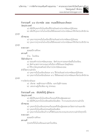 นวัตกรรม “ การจัดกิจกรรมเสริมสร้างคุณธรรม ” ตามระบอบประชาธิปไตยในสถานศึกษา
โดยครูแชมป์ ฟักอ่อน
www.damsanid.blogger.com
๔๕
กิจกรรมที่ ๑๑ ประหยัด ออม ถนอมใช้เงินและสิ่งของ
วัตถุประสงค์
๑) เพื่อให้บุคลกรในโรงเรียนใช้จ่ายเงินอย่างประหยัดและรู้จักออม
๒) เพื่อให้บุคลากรในโรงเรียนใช้สิ่งของอย่างประหยัดและให้เกิดประสิทธิภาพ
สูงสุด
เป้ำหมำย
๑) บุคลากรทุกคนในโรงเรียนใช้จ่ายเงินอย่างประหยัดและรู้จักออม
๒) บุคลากรทุกคนในโรงเรียนใช้สิ่งของอย่างประหยัดและให้เกิดประสิทธิภาพ
สูงสุด
ระยะเวลำ
ตลอดปีการศึกษา
สถำนที่
บ้าน โรงเรียน
วิธีดำเนินกำร
๑) รณรงค์การประหยัดและออม จัดทาธนาคารออมทรัพย์ในโรงเรียน
๒) จัดทามาตรการควบคุมภายในในการใช้เงินและวัสดุสิ่งของ
๓) ให้รางวัลบุคคลตัวอย่างในการประหยัดและออม
ตัวชี้วัดความสาเร็จ
๑) บุคลากรในโรงเรียนร้อยละ ๙๐ ใช้จ่ายเงินอย่างประหยัดและรู้จักออม
๒) บุคลากรในโรงเรียนร้อยละ ๙๐ ใช้สิ่งของอย่างประหยัดและเกิดประสิทธิภาพ
สูงสุด
การวัดประเมินผล
๑) สังเกต พฤติกรรมการใช้เงิน และบัญชีการออม
๒) สอบถามผู้เกี่ยวข้อง ครู ปกครอง
กิจกรรมที่ ๑๒ มีนิสัยใฝ่รู้ สู้สิ่งยำก
วัตถุประสงค์
๑) เพื่อให้บุคลกรในโรงเรียนเป็นบุคลที่เรียนรู้ตลอดเวลา
๒) เพื่อให้บุคลกรในโรงเรียนขยันหมั่นเพียร ทางานจนประสบความสาเร็จ
เป้ำหมำย
๑) บุคลกรในโรงเรียนทุกคนเป็นบุคลที่เรียนรู้ตลอดเวลาโดยการอ่านและฟัง
๒) บุคลกรในโรงเรียนทุกคนขยันหมั่นเพียร
๓) บุคลากรในโรงเรียนทางานที่ได้รับมอบหมายจนประสบความสาเร็จทุกครั้ง
ระยะเวลำ
ตลอดปีการศึกษา
สถำนที่
ทุกแห่งทั้งในโรงเรียนและนอกโรงเรียน
 