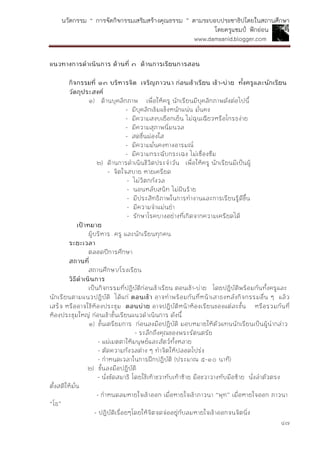 นวัตกรรม “ การจัดกิจกรรมเสริมสร้างคุณธรรม ” ตามระบอบประชาธิปไตยในสถานศึกษา
โดยครูแชมป์ ฟักอ่อน
www.damsanid.blogger.com
๔๗
แนวทำงกำรดำเนินกำร ด้ำนที่ ๓ ด้ำนกำรเรียนกำรสอน
กิจกรรมที่ ๑๓ บริหำรจิต เจริญภำวนำ ก่อนเข้ำเรียน เช้ำ-บ่ำย ทั้งครูและนักเรียน
วัตถุประสงค์
๑) ด้านบุคลิกภาพ เพื่อให้ครู นักเรียนมีบุคลิกภาพดังต่อไปนี้
- มีบุคลิกเข้มแข็งหนักแน่น มั่นคง
- มีความสงบเยือกเย็น ไม่ฉุนเฉียวหรือโกรธง่าย
- มีความสุภาพนิ่มนวล
- สดชื่นผ่องใส
- มีความมั่นคงทางอารมณ์
- มีความกระฉับกระเฉง ไม่เซื่องซึม
๒) ด้านการดาเนินชีวิตประจาวัน เพื่อให้ครู นักเรียนมีเป็นผู้
- จิตใจสบาย หายเครียด
- ไม่วิตกกังวล
- นอนหลับสนิท ไม่ฝันร้าย
- มีประสิทธิภาพในการทางานและการเรียนรู้ดีขึ้น
- มีความจาแม่นยา
- รักษาโรคบางอย่างที่เกิดจากความเครียดได้
เป้ำหมำย
ผู้บริหาร ครู และนักเรียนทุกคน
ระยะเวลำ
ตลอดปีการศึกษา
สถำนที่
สถานศึกษา/โรงเรียน
วิธีดำเนินกำร
เป็นกิจกรรมที่ปฏิบัติก่อนเข้าเรียน ตอนเช้า-บ่าย โดยปฏิบัติพร้อมกันทั้งครูและ
นักเรียนตามแนวปฏิบัติ ได้แก่ ตอนเช้ำ อาจทาพร้อมกันที่หน้าเสาธงหลังกิจกรรมอื่น ๆ แล้ว
เสร็จ หรืออาจใช้ห้องประชุม ตอนบ่ำย อาจปฏิบัติหน้าห้องเรียนของแต่ละชั้น หรือรวมกันที่
ห้องประชุมใหญ่ ก่อนเข้าชั้นเรียนแนวดาเนินการ ดังนี้
๑) ขั้นเตรียมการ ก่อนลงมือปฏิบัติ มอบหมายให้ตัวแทนนักเรียนเป็นผู้นากล่าว
- ระลึกถึงคุณของพระรัตนตรัย
- แผ่เมตตาให้มนุษย์และสัตว์ทั้งหลาย
- ตัดความกังวลต่าง ๆ ทาจิตให้ปลอดโปร่ง
- กาหนดเวลาในการฝึกปฏิบัติ (ประมาณ ๕-๑๐ นาที)
๒) ขั้นลงมือปฏิบัติ
- นั่งขัดสมาธิ โดยใช้เท้าขวาทับเท้าซ้าย มือขวาวางทับมือซ้าย นั่งลาตัวตรง
ตั้งสติให้มั่น
- กาหนดลมหายใจเข้าออก เมื่อหายใจเข้าภาวนา “พุท” เมื่อหายใจออก ภาวนา
“โธ”
- ปฏิบัติเรื่อยๆโดยให้จิตจดจ่ออยู่กับลมหายใจเข้าออกจนจิตนิ่ง
 