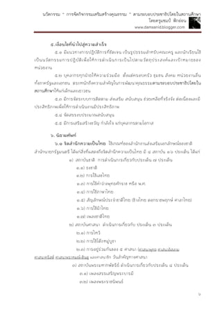 นวัตกรรม “ การจัดกิจกรรมเสริมสร้างคุณธรรม ” ตามระบอบประชาธิปไตยในสถานศึกษา
โดยครูแชมป์ ฟักอ่อน
www.damsanid.blogger.com
๖
๕.เงื่อนไขที่นำไปสู่ควำมสำเร็จ
๕.๑ มีแนวทางการปฏิบัติการที่ชัดเจน เป็นรูปธรรมสาหรับคณะครู และนักเรียนใช้
เป็นนวัตกรรมการปฏิบัติเพื่อให้การดาเนินการเป็นไปตามวัตถุประสงค์และเป้าหมายของ
หน่วยงาน
๕.๒ บุคลากรทุกฝ่ายให้ความร่วมมือ ตั้งแต่ครอบครัว ชุมชน สังคม หน่วยงานอื่น
ทั้งภาครัฐและเอกชน ตระหนักถึงความสาคัญในการพัฒนาคุณธรรมตามระบอบประชาธิปไตยใน
สถานศึกษาให้แก่เด็กและเยาวชน
๕.๓ มีการจัดระบบการติดตาม ส่งเสริม สนับสนุน ช่วยเหลือที่จริงจัง ต่อเนื่องและมี
ประสิทธิภาพเพื่อให้การดาเนินงานมีประสิทธิภาพ
๕.๔ จัดสรรงบประมาณสนับสนุน
๕.๕ มีการเสริมสร้างขวัญ กาลังใจ แก่บุคลากรตามโอกาส
๖. นิยำมศัพท์
๖.๑ จิตสำนึกควำมเป็นไทย ใช้เกณฑ์ของสานักงานส่งเสริมเอกลักษณ์ของชาติ
สานักนายกรัฐมนตรี ได้แก่สิ่งที่แสดงถึงจิตสานึกความเป็นไทย มี ๔ สถาบัน ๑๖ ประเด็น ได้แก่
๑) สถาบันชาติ การดาเนินการเกี่ยวกับประเด็น ๗ ประเด็น
๑.๑) ธงชาติ
๑.๒) การใช้เลขไทย
๑.๓) การใช้คาว่างพุทธศักราช หรือ พ.ศ.
๑.๔) การใช้ภาษาไทย
๑.๕) สัญลักษณ์ประจาชาติไทย (ช้างไทย ดอกราชพฤกษ์ ศาลาไทย)
๑.๖) การใช้ผ้าไทย
๑.๗) เพลงชาติไทย
๒) สถาบันศาสนา ดาเนินการเกี่ยวกับ ประเด็น ๓ ประเด็น
๒.๑) การไหว้
๒.๒) การใช้โต๊ะหมู่บูชา
๒.๓) การอยู่ร่วมกันของ ๕ ศาสนา (ศาสนาพุทธ ศาสนาอิสลาม
ศาสนาคริสต์ ศาสนาพราหมณ์-ฮินดู และศาสนาซิก วันสาคัญทางศาสนา
๓) สถาบันพระมหากษัตริย์ ดาเนินการเกี่ยวกับประเด็น ๔ ประเด็น
๓.๑) เพลงสรรเสริญพระบารมี
๓.๒) เพลงพระราชนิพนธ์
 