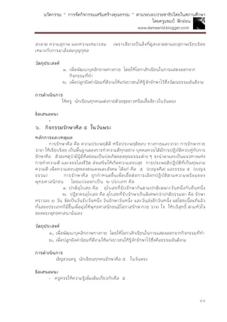 นวัตกรรม “ การจัดกิจกรรมเสริมสร้างคุณธรรม ” ตามระบอบประชาธิปไตยในสถานศึกษา
โดยครูแชมป์ ฟักอ่อน
www.damsanid.blogger.com
๖๖
สะอาด ความสุภาพ และความเหมาะสม เพราะสีขาวเป็นสิ่งที่ดูสะอาดตาและสุภาพเรียบร้อย
เหมาะกับการมาสั่งสมบุญกุศล
วัตถุประสงค์
๑. เพื่อพัฒนาบุคลิกภาพทางกาย โดยให้โอกาสักเรียนในการแสดงออกจาก
กิจกรรมที่ทา
๒. เพื่อปลูกฝังค่านิยมที่ดีงามให้แก่เยาวชนให้รู้จักรักษาไว้ซึ่งวัฒนธรรมอันดีงาม
กำรดำเนินกำร
ให้ครู นักเรียนทุกคนแต่งกายด้วยชุดขาวหรือเสื้อสีขาวในวันพระ
ข้อเสนอแนะ
-
๖. กิจกรรมรักษำศีล ๕ ในวันพระ
หลักกำรและเหตุผล
การรักษาศีล คือ ความประพฤติดี หรือประพฤติชอบ ทางกายและวาจา การรักษากาย
วาจา ให้เรียบร้อย เป็นพื้นฐานของการทาความดีทุกอย่าง บุคคลควรได้มีการปฏิบัติควบคู่กับการ
รักษาศีล ด้วยเหตุว่ามีผู้มีศีลย่อมเป็นบ่อเกิดของคุณธรรมต่าง ๆ จะนาพาและเป็นแนวทางแห่ง
การทาความดี และจรรโลงชีวิต ส่งเสริมให้เกิดความสงบสุข การประพฤติปฏิบัติที่เป็นคุณงาม
ความดี เพื่อความสงบสุขของตนเองและสังคม ได้แก่ ศีล ๕ (เบญจศีล) และธรรม ๕ (เบญจ
ธรรม) การรักษาศีล ถูกกาหนดขึ้นเพื่อเอื้อต่อการเลือกปฏิบัติตามความพร้อมของ
พุทธศาสนิกชน โดยแบ่งออกเป็น ๒ ประเภท คือ
๑. ปกติอุโบสถ คือ อุโบสถที่รับรักษากันตามปกติเฉพาะวันหนึ่งกับคืนหนึ่ง
๒. ปฏิชาครอุโบสถ คือ อุโบสถที่รับรักษาเป็นพิเศษกว่าปกติธรรมดา คือ รักษา
คราวละ ๓ วัน จัดเป็นวันรับวันหนึ่ง วันรักษาวันหนึ่ง และวันส่งอีกวันหนึ่ง แต่โดยเนื้อแท้แล้ว
ทั้งสองประเภทก็มีขึ้นเพื่อมุ่งให้พุทธศาสนิกชนมีโอกาสรักษากาย วาจา ใจ ให้บริสุทธิ์ ตามหัวใจ
ของพระพุทธศาสนานั่นเอง
วัตถุประสงค์
๑. เพื่อพัฒนาบุคลิกภาพทางกาย โดยให้โอกาสักเรียนในการแสดงออกจากกิจกรรมที่ทา
๒. เพื่อปลูกฝังค่านิยมที่ดีงามให้แก่เยาวชนให้รู้จักรักษาไว้ซึ่งศีลธรรมอันดีงาม
กำรดำเนินกำร
เชิญชวนครู นักเรียนทุกคนรักษาศีล ๕ ในวันพระ
ข้อเสนอแนะ
- ครูควรให้ความรู้เพิ่มเติมเกี่ยวกับศีล ๕
 