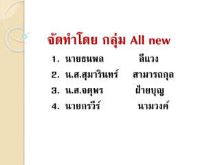 จัดทำโดย กลุ่ม All new
1. นำยธนพล ลีแวง
2. น.ส.สุมำรินทร์ สำมำรถกุล
3. น.ส.จตุพร ฝ่ำยบุญ
4. นำยกรวีร์ นำมวงค์
 