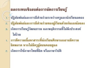 ผลกระทบเชิงลบต่อกำรจัดกำรเรียนรู้
1. ปฏิสัมพันธ์และกำรมีส่วนร่วมระหว่ำงครูและนักเรียนลดลง
2. ปฏิสัมพันธ์และกำรมีส่วนร่วมของผู้เรียนด้วยกันเองน้อยลง
3. เกิดกำรเรียนรู้วัฒนธรรม และพฤติกรรมที่ไม่พึงประสงค์
ได้ง่ำย
1. กำรตีควำมเนื้อหำสำระที่นักเรียนศึกษำเองอำจมีควำม
ผิดพลำด หำกไม่มีครูผู้สอนคอยดูแล
2. เกิดกำรใช้ภำษำไทยที่ผิด หรือภำษำวิบัติ
 
