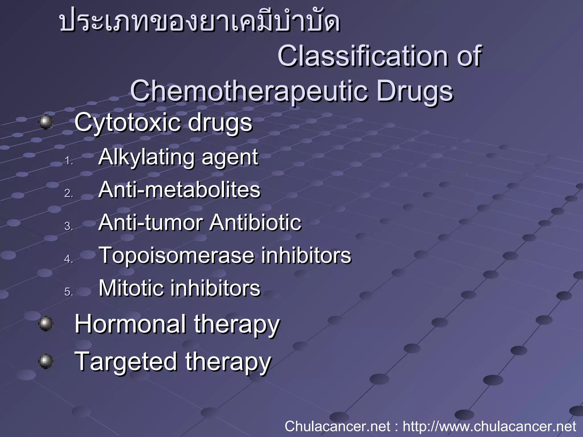 ประเภทของยาเคมีบำาบัดประเภทของยาเคมีบำาบัด
Classification ofClassification of
Chemotherapeutic DrugsChemotherapeutic Drugs
Cytotoxic drugsCytotoxic drugs
1.1. Alkylating agentAlkylating agent
2.2. Anti-metabolitesAnti-metabolites
3.3. Anti-tumor AntibioticAnti-tumor Antibiotic
4.4. Topoisomerase inhibitorsTopoisomerase inhibitors
5.5. Mitotic inhibitorsMitotic inhibitors
Hormonal therapyHormonal therapy
Targeted therapyTargeted therapy
Chulacancer.net : http://www.chulacancer.net
 