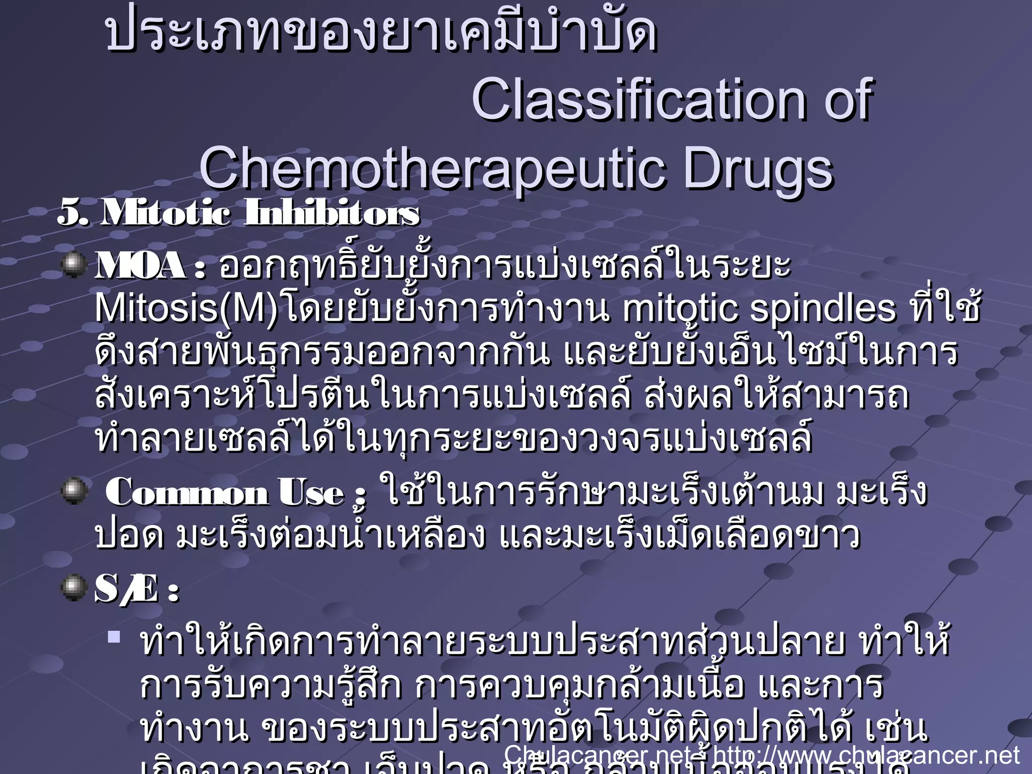 5. Mitotic Inhibitors5. Mitotic Inhibitors
MOA :MOA : ออกฤทธิ์ยับยั้งการแบ่งเซลล์ในระยะออกฤทธิ์ยับยั้งการแบ่งเซลล์ในระยะ
Mitosis(M)Mitosis(M)โดยยับยั้งการทำางานโดยยับยั้งการทำางาน mitotic spindlesmitotic spindles ที่ใช้ที่ใช้
ดึงสายพันธุกรรมออกจากกัน และยับยั้งเอ็นไซม์ในการดึงสายพันธุกรรมออกจากกัน และยับยั้งเอ็นไซม์ในการ
สังเคราะห์โปรตีนในการแบ่งเซลล์ ส่งผลให้สามารถสังเคราะห์โปรตีนในการแบ่งเซลล์ ส่งผลให้สามารถ
ทำาลายเซลล์ได้ในทุกระยะของวงจรแบ่งเซลล์ทำาลายเซลล์ได้ในทุกระยะของวงจรแบ่งเซลล์
Common Use :Common Use : ใช้ในการรักษามะเร็งเต้านม มะเร็งใช้ในการรักษามะเร็งเต้านม มะเร็ง
ปอด มะเร็งต่อมนำ้าเหลือง และมะเร็งเม็ดเลือดขาวปอด มะเร็งต่อมนำ้าเหลือง และมะเร็งเม็ดเลือดขาว
S/E :S/E :

ทำาให้เกิดการทำาลายระบบประสาทส่วนปลาย ทำาให้ทำาให้เกิดการทำาลายระบบประสาทส่วนปลาย ทำาให้
การรับความรู้สึก การควบคุมกล้ามเนื้อ และการการรับความรู้สึก การควบคุมกล้ามเนื้อ และการ
ทำางาน ของระบบประสาทอัตโนมัติผิดปกติได้ เช่นทำางาน ของระบบประสาทอัตโนมัติผิดปกติได้ เช่น
ประเภทของยาเคมีบำาบัดประเภทของยาเคมีบำาบัด
Classification ofClassification of
Chemotherapeutic DrugsChemotherapeutic Drugs
Chulacancer.net : http://www.chulacancer.net
 