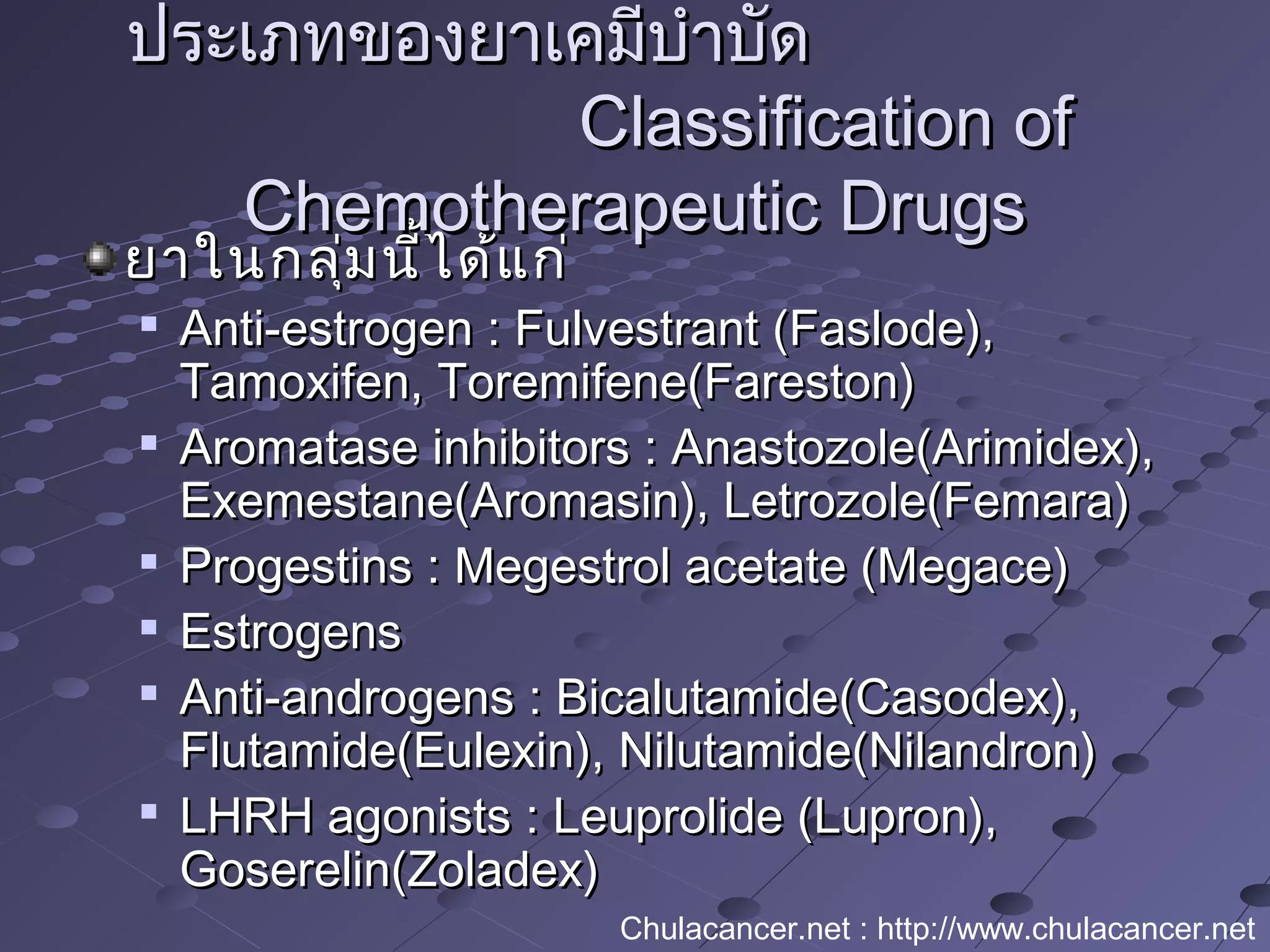 ยาในกลุ่มนี้ได้แก่ยาในกลุ่มนี้ได้แก่

Anti-estrogen : Fulvestrant (Faslode),Anti-estrogen : Fulvestrant (Faslode),
Tamoxifen, Toremifene(Fareston)Tamoxifen, Toremifene(Fareston)

Aromatase inhibitors : Anastozole(Arimidex),Aromatase inhibitors : Anastozole(Arimidex),
Exemestane(Aromasin), Letrozole(Femara)Exemestane(Aromasin), Letrozole(Femara)

Progestins : Megestrol acetate (Megace)Progestins : Megestrol acetate (Megace)

EstrogensEstrogens

Anti-androgens : Bicalutamide(Casodex),Anti-androgens : Bicalutamide(Casodex),
Flutamide(Eulexin), Nilutamide(Nilandron)Flutamide(Eulexin), Nilutamide(Nilandron)

LHRH agonists : Leuprolide (Lupron),LHRH agonists : Leuprolide (Lupron),
Goserelin(Zoladex)Goserelin(Zoladex)
ประเภทของยาเคมีบำาบัดประเภทของยาเคมีบำาบัด
Classification ofClassification of
Chemotherapeutic DrugsChemotherapeutic Drugs
Chulacancer.net : http://www.chulacancer.net
 