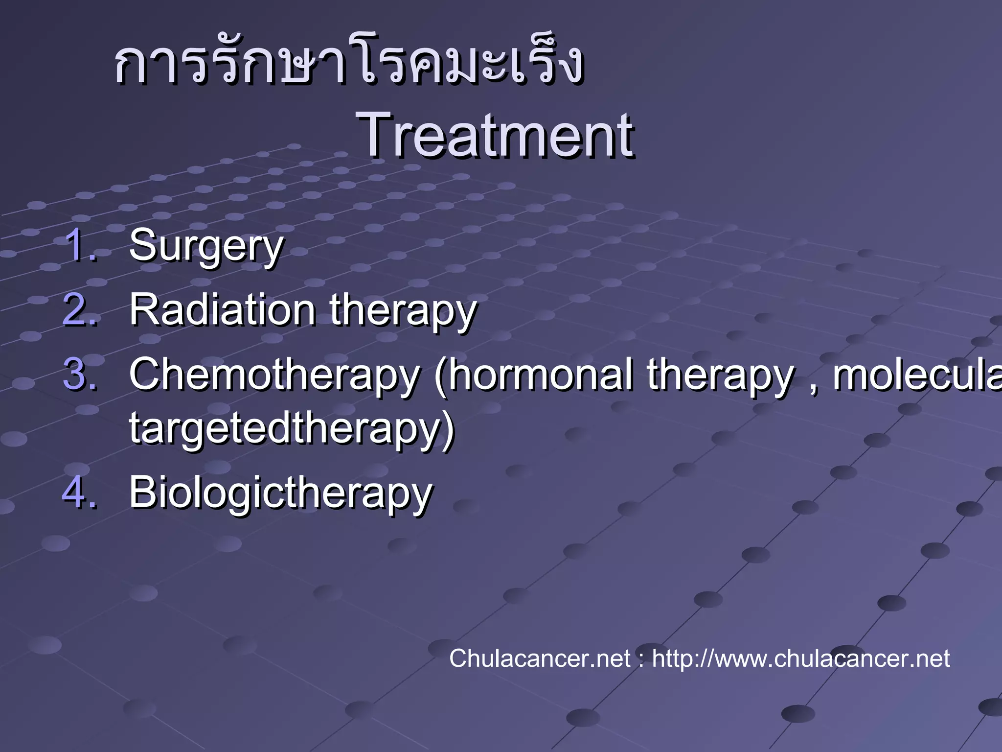 การรักษาโรคมะเร็งการรักษาโรคมะเร็ง
TreatmentTreatment
1.1. SurgerySurgery
2.2. Radiation therapyRadiation therapy
3.3. Chemotherapy (hormonal therapy , moleculaChemotherapy (hormonal therapy , molecula
targetedtherapy)targetedtherapy)
4.4. BiologictherapyBiologictherapy
Chulacancer.net : http://www.chulacancer.net
 