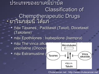 ยาในกลุ่มนี้ ได้แก่ยาในกลุ่มนี้ ได้แก่

กลุ่มกลุ่ม Taxanes : Paclitaxel (Taxol), DocetaxelTaxanes : Paclitaxel (Taxol), Docetaxel
(Taxotere)(Taxotere)

กลุ่มกลุ่ม Epothilones : Ixabepilone (Ixempra)Epothilones : Ixabepilone (Ixempra)

กลุ่มกลุ่ม The vinca alkaloids : vinblastin (Velban) ,The vinca alkaloids : vinblastin (Velban) ,
vincristine (Oncovin), vinorelbine (Navelbine)vincristine (Oncovin), vinorelbine (Navelbine)

กลุ่มกลุ่ม Estramustine (Emcyt)Estramustine (Emcyt)
ประเภทของยาเคมีบำาบัดประเภทของยาเคมีบำาบัด
Classification ofClassification of
Chemotherapeutic DrugsChemotherapeutic Drugs
Chulacancer.net : http://www.chulacancer.net
 