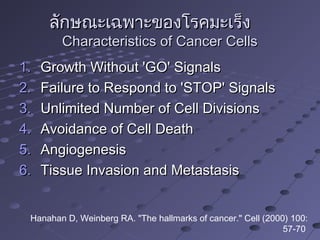 ลักษณะเฉพาะของโรคมะเร็งลักษณะเฉพาะของโรคมะเร็ง
Characteristics of Cancer CellsCharacteristics of Cancer Cells
1.1. Growth Without 'GO' SignalsGrowth Without 'GO' Signals
2.2. Failure to Respond to 'STOP' SignalsFailure to Respond to 'STOP' Signals
3.3. Unlimited Number of Cell DivisionsUnlimited Number of Cell Divisions
4.4. Avoidance of Cell DeathAvoidance of Cell Death
5.5. AngiogenesisAngiogenesis
6.6. Tissue Invasion and MetastasisTissue Invasion and Metastasis
Hanahan D, Weinberg RA. "The hallmarks of cancer." Cell (2000) 100:
57-70
 