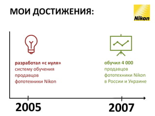 >7 000 
2005 
2007 
разработал «с нуля» систему обучения продавцов фототехники Nikon 
продавцов фототехники Nikon 
в России и Украине 
МОИ ДОСТИЖЕНИЯ: 
за2 года обучил  