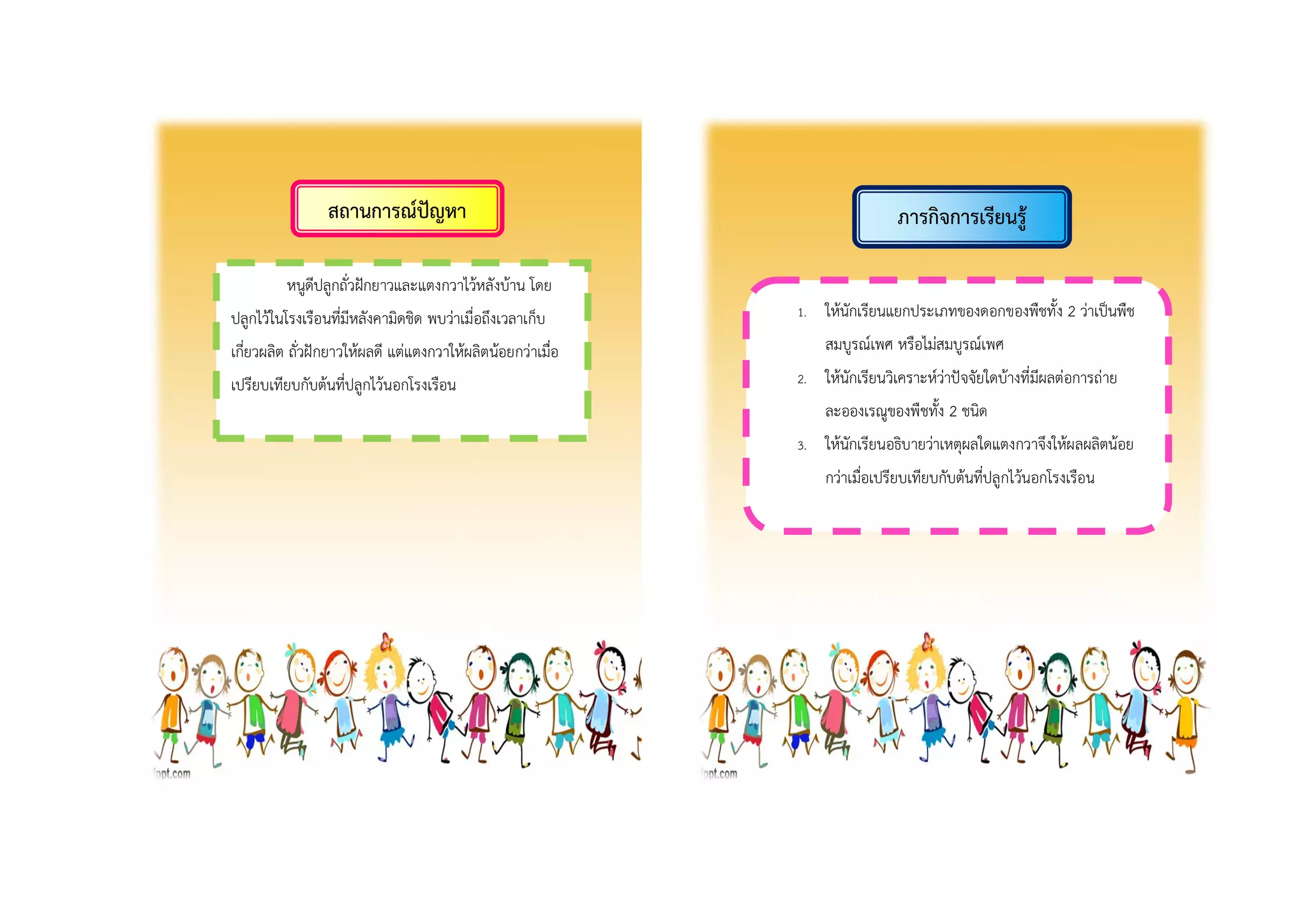 สถำนกำรณ์ปัญหำ ภำรกิจกำรเรียนรู้
หนูดีปลูกถั่วฝักยาวและแตงกวาไว้หลังบ้าน โดย
ปลูกไว้ในโรงเรือนที่มีหลังคามิดชิด พบว่าเมื่อถึงเวลาเก็บ
เกี่ยวผลิต ถั่วฝักยาวให้ผลดี แต่แตงกวาให้ผลิตน้อยกว่าเมื่อ
เปรียบเทียบกับต้นที่ปลูกไว้นอกโรงเรือน
1. ให้นักเรียนแยกประเภทของดอกของพืชทั้ง 2 ว่าเป็นพืช
สมบูรณ์เพศ หรือไม่สมบูรณ์เพศ
2. ให้นักเรียนวิเคราะห์ว่าปัจจัยใดบ้างที่มีผลต่อการถ่าย
ละอองเรณูของพืชทั้ง 2 ชนิด
3. ให้นักเรียนอธิบายว่าเหตุผลใดแตงกวาจึงให้ผลผลิตน้อย
กว่าเมื่อเปรียบเทียบกับต้นที่ปลูกไว้นอกโรงเรือน
 