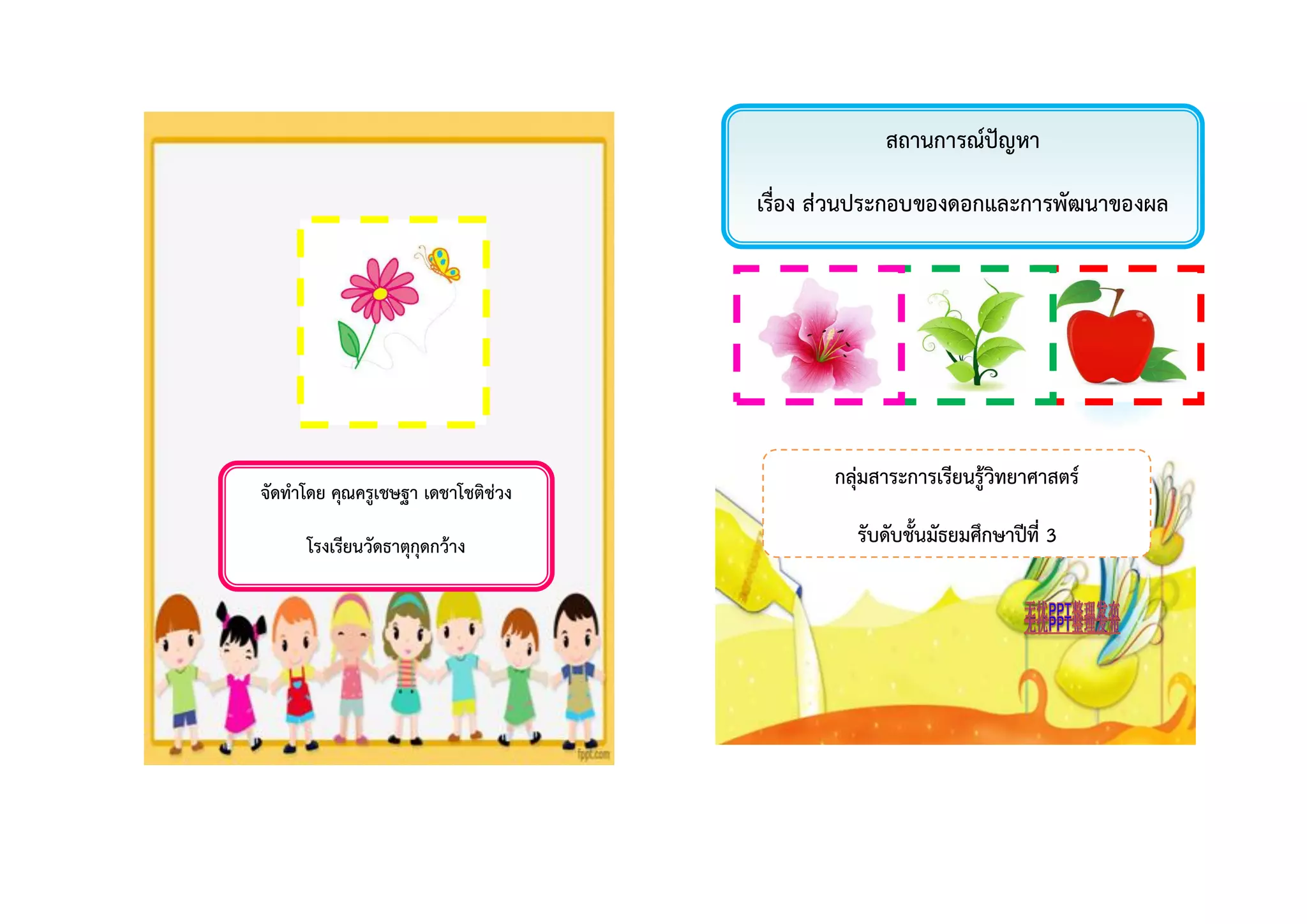 จัดทำโดย คุณครูเชษฐำ เดชำโชติช่วง
โรงเรียนวัดธำตุกุดกว้ำง
สถำนกำรณ์ปัญหำ
เรื่อง ส่วนประกอบของดอกและกำรพัฒนำของผล
กลุ่มสำระกำรเรียนรู้วิทยำศำสตร์
รับดับชั้นมัธยมศึกษำปีที่ 3
 