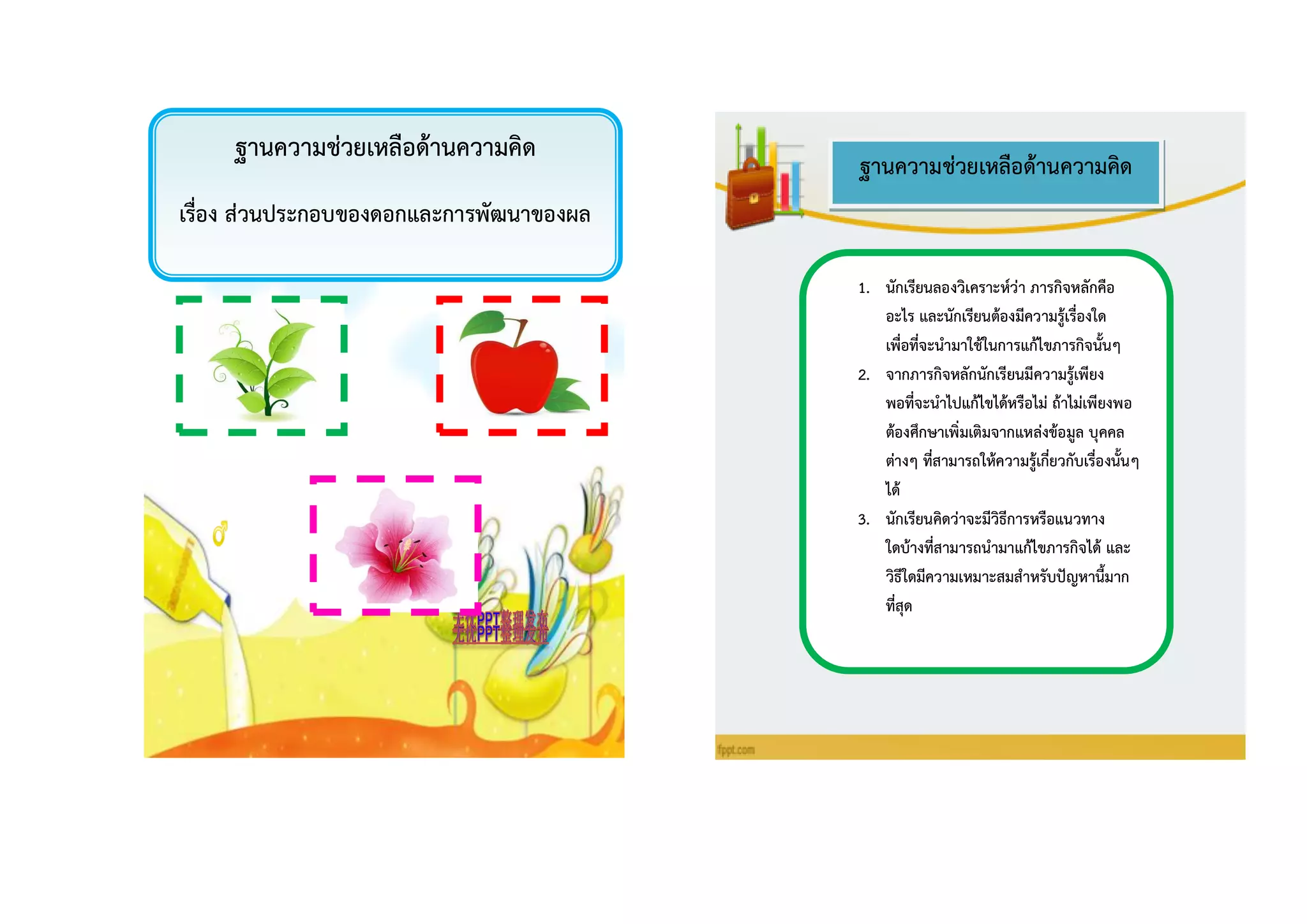 1. นักเรียนลองวิเครำะห์ว่ำ ภำรกิจหลักคือ
อะไร และนักเรียนต้องมีควำมรู้เรื่องใด
เพื่อที่จะนำมำใช้ในกำรแก้ไขภำรกิจนั้นๆ
2. จำกภำรกิจหลักนักเรียนมีควำมรู้เพียง
พอที่จะนำไปแก้ไขได้หรือไม่ ถ้ำไม่เพียงพอ
ต้องศึกษำเพิ่มเติมจำกแหล่งข้อมูล บุคคล
ต่ำงๆ ที่สำมำรถให้ควำมรู้เกี่ยวกับเรื่องนั้นๆ
ได้
3. นักเรียนคิดว่ำจะมีวิธีกำรหรือแนวทำง
ใดบ้ำงที่สำมำรถนำมำแก้ไขภำรกิจได้ และ
วิธีใดมีควำมเหมำะสมสำหรับปัญหำนี้มำก
ที่สุด
ฐำนควำมช่วยเหลือด้ำนควำมคิด
เรื่อง ส่วนประกอบของดอกและกำรพัฒนำของผล
ฐำนควำมช่วยเหลือด้ำนควำมคิด
 