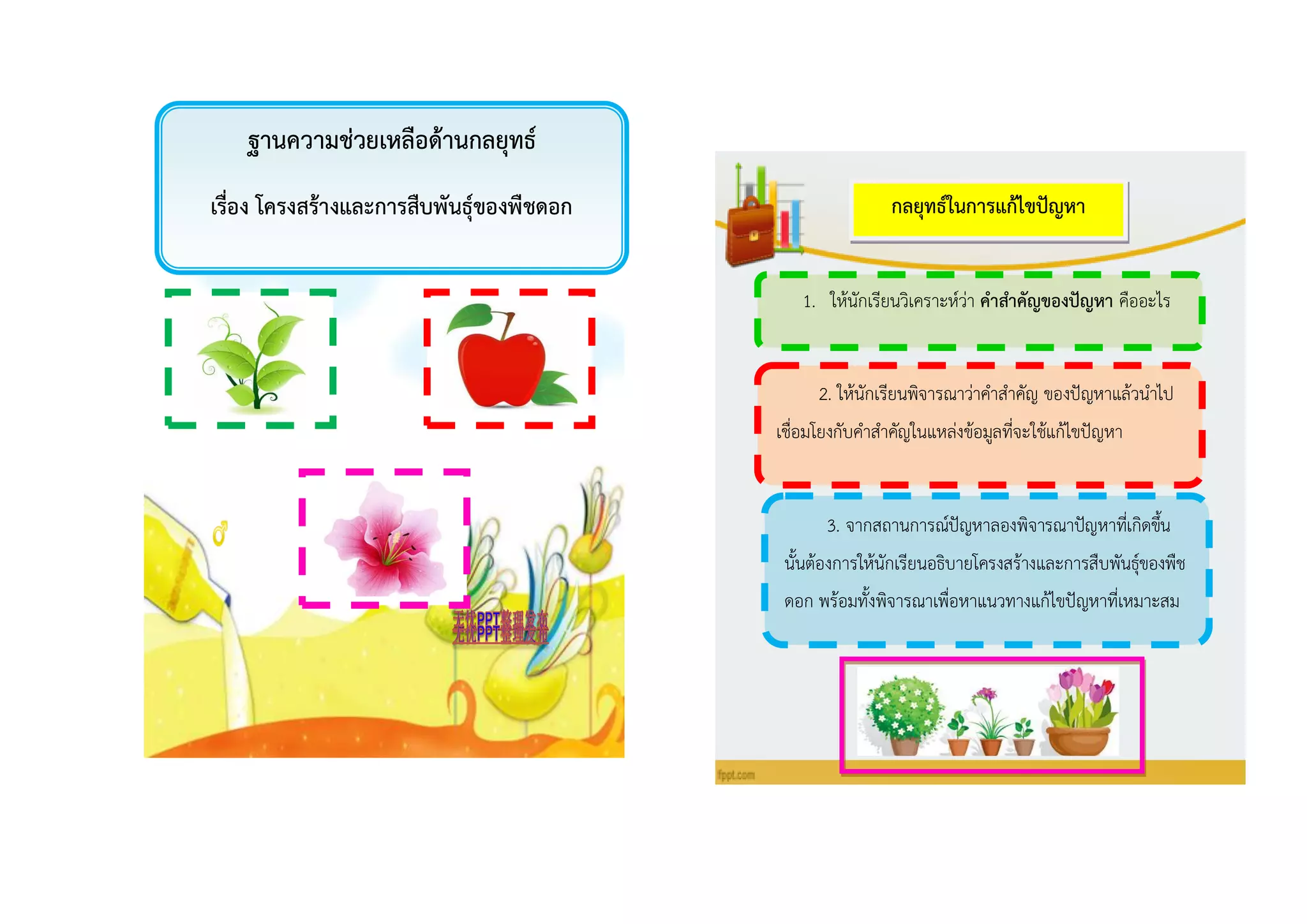 ฐำนควำมช่วยเหลือด้ำนกลยุทธ์
เรื่อง โครงสร้ำงและกำรสืบพันธุ์ของพืชดอก
1. ให้นักเรียนวิเคราะห์ว่า คำสำคัญของปัญหำ คืออะไร
กลยุทธ์ในกำรแก้ไขปัญหำ
2. ให้นักเรียนพิจารณาว่าคาสาคัญ ของปัญหาแล้วนาไป
เชื่อมโยงกับคาสาคัญในแหล่งข้อมูลที่จะใช้แก้ไขปัญหา
3. จากสถานการณ์ปัญหาลองพิจารณาปัญหาที่เกิดขึ้น
นั้นต้องการให้นักเรียนอธิบายโครงสร้างและการสืบพันธุ์ของพืช
ดอก พร้อมทั้งพิจารณาเพื่อหาแนวทางแก้ไขปัญหาที่เหมาะสม
 