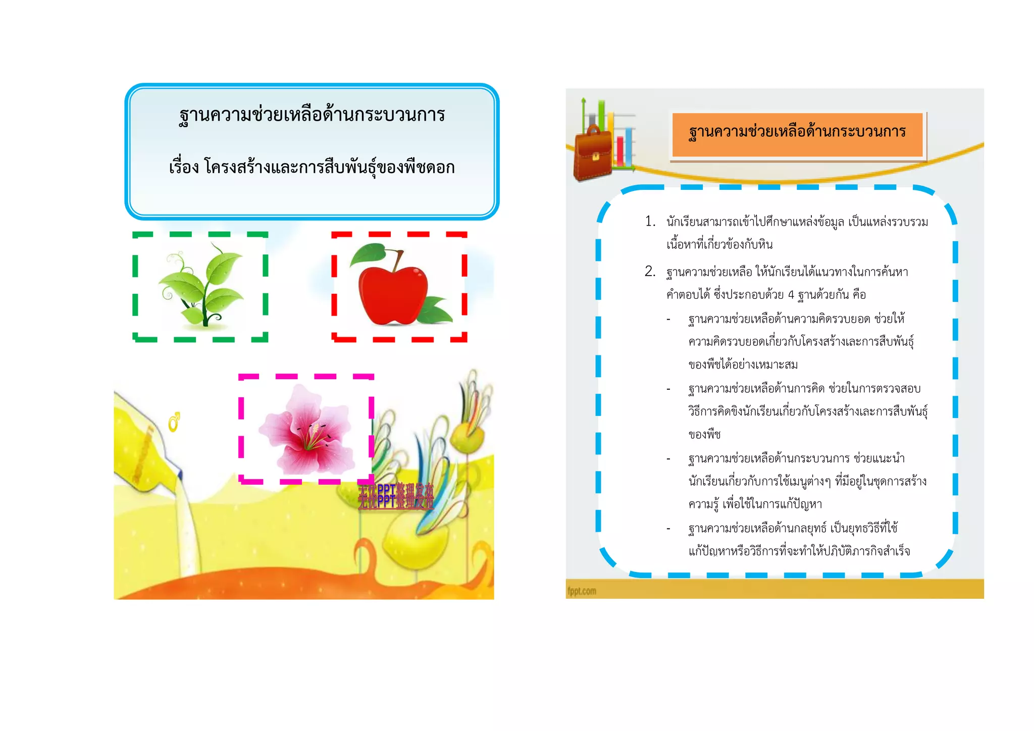 ฐำนควำมช่วยเหลือด้ำนกระบวนกำร
เรื่อง โครงสร้ำงและกำรสืบพันธุ์ของพืชดอก
1. นักเรียนสามารถเข้าไปศึกษาแหล่งข้อมูล เป็นแหล่งรวบรวม
เนื้อหาที่เกี่ยวข้องกับหิน
2. ฐานความช่วยเหลือ ให้นักเรียนได้แนวทางในการค้นหา
คาตอบได้ ซึ่งประกอบด้วย 4 ฐานด้วยกัน คือ
- ฐานความช่วยเหลือด้านความคิดรวบยอด ช่วยให้
ความคิดรวบยอดเกี่ยวกับโครงสร้างเละการสืบพันธุ์
ของพืชได้อย่างเหมาะสม
- ฐานความช่วยเหลือด้านการคิด ช่วยในการตรวจสอบ
วิธีการคิดขิงนักเรียนเกี่ยวกับโครงสร้างเละการสืบพันธุ์
ของพืช
- ฐานความช่วยเหลือด้านกระบวนการ ช่วยแนะนา
นักเรียนเกี่ยวกับการใช้เมนูต่างๆ ที่มีอยู่ในชุดการสร้าง
ความรู้ เพื่อใช้ในการแก้ปัญหา
- ฐานความช่วยเหลือด้านกลยุทธ์ เป็นยุทธวิธีที่ใช้
แก้ปัญหาหรือวิธีการที่จะทาให้ปฏิบัติภารกิจสาเร็จ
ฐำนควำมช่วยเหลือด้ำนกระบวนกำร
 