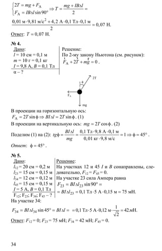 34
2
90 2
0 01 9 81 4 2 0 1 0 1
0 07
2
∆
∆
= +⎧ +
⇒ = =⎨
= °⎩
⋅ + ⋅ ⋅
=
A
A
2
м м/с А Тл м
Н
sin
, , , , ,
, .
T mg F mg IB l
T
F IB l
Ответ: 0 07= Н, .T
№ 4.
Дано:
l = 10 см = 0,1 м
m = 10 г = 0,1 кг
I = 9,8 A, B = 0,1 Тл
α – ?
Решение:
По 2-му закону Ньютона (см. рисунок):
2 0+ + =
r r r
AF T mg .
φ
2T
mg
FA
В проекции на горизонтальную ось:
2 2∆= φ ⇒ = φA sin sinF T BI l T . (1)
В проекции на вертикальную ось: 2= φcosmg T . (2)
Поделим (1) на (2):
0 1 9 8 0 1
1 45
0 01 9 8
∆ ⋅ ⋅
φ = = = ⇒ φ = °
⋅
Тл А м
кг м/с
, , ,
, ,
BI l
tg
mg
.
Ответ: 45φ = ° .
№ 5.
Дано:
l12 = 20 см = 0,2 м
l23 = 15 см = 0,15 м
l34 = 12 см = 0,12 м
l45 = 15 см = 0,15 м
I = 5 A, B = 0,1 Тл
F12; F23; F34; F45 – ?
Решение:
На участках 12 и 45 I и B сонаправлены, сле-
довательно, F12 = F45 = 0.
На участке 23 сила Ампера равна
23 23 90∆= ° =sinF BI l
23 0 1 5 0 15 75∆= = ⋅ ⋅ =Тл А м мН., ,BI l
На участке 34:
34 34 45∆ ∆= ° = =sinF BI l BI l
1
0 1 5 0 12 42
2
= ⋅ ⋅ ⋅ =Тл А м, , .мН.
Ответ: F12 = 0; F23 = 75 мН; F34 = 42 мН; F45 = 0.
 