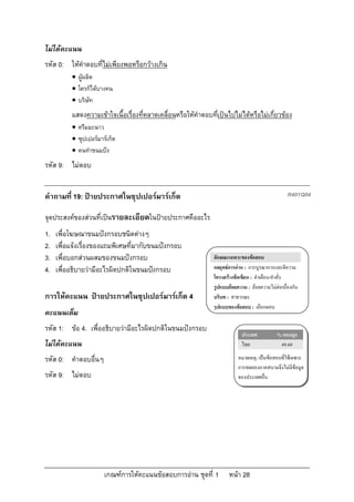 เกณฑการใหคะแนนขอสอบการอาน ชุดที่ 1 หนา 28
ไมไดคะแนน
รหัส 0: ใหคําตอบที่ไมเพียงพอหรือกวางเกิน
 ผูผลิต
 ใครก็ไดบางคน
 บริษัท
แสดงความเขาใจเนื้อเรื่องที่คลาดเคลื่อนหรือใหคําตอบที่เปนไปไมไดหรือไมเกี่ยวของ
 ครีมมะนาว
 ซุปเปอรมารเก็ต
 คนทําขนมปง
รหัส 9: ไมตอบ
คําถามที่ 19: ปายประกาศในซุปเปอรมารเก็ต R401Q04
จุดประสงคของสวนที่เปนรายละเอียดในปายประกาศคืออะไร
1. เพื่อโฆษณาขนมปงกรอบชนิดตางๆ
2. เพื่อแจงเรื่องของแถมพิเศษที่มากับขนมปงกรอบ
3. เพื่อบอกสวนผสมของขนมปงกรอบ
4. เพื่ออธิบายวามีอะไรผิดปกติในขนมปงกรอบ
การใหคะแนน ปายประกาศในซุปเปอรมารเก็ต 4
คะแนนเต็ม
รหัส 1: ขอ 4. เพื่ออธิบายวามีอะไรผิดปกติในขนมปงกรอบ
ไมไดคะแนน
รหัส 0: คําตอบอื่นๆ
รหัส 9: ไมตอบ
ลักษณะเฉพาะของขอสอบ
กลยุทธการอาน : การบูรณาการและตีความ
โครงสรางขอเขียน : คําเตือน/คําสั่ง
รูปแบบถอยความ : ถอยความไมตอเนื่องกัน
บริบท : สาธารณะ
รูปแบบของขอสอบ : เลือกตอบ
ประเทศ % ตอบถูก
ไทย 49.69
หมายเหตุ: เปนขอสอบที่ใชเฉพาะ
การทดลองภาคสนามจึงไมมีขอมูล
ของประเทศอื่น
 
