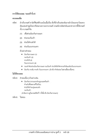 เกณฑการใหคะแนนขอสอบการอาน ชุดที่ 3 หนา 20
การใหคะแนน รองเทาวิ่ง 5
คะแนนเต็ม
รหัส1: อางถึงเกณฑ 4 ขอที่พิมพตัวเอนในเนื้อเรื่อง สิ่งที่อางถึงแตละขออาจอางโดยยกมาโดยตรง
ดัดแปลงคําพูดใหม หรือขยายความจากเกณฑ เกณฑอาจจัดลําดับแตกตางจากนี้ไดเกณฑ
ทั้ง 4 เกณฑ คือ
(1) เพื่อชวยปองกันภายนอก
(2) ชวยรองรับเทา
(3) ชวยใหทรงตัวดี
(4) ชวยรับแรงกระแทก
ตัวอยางคําตอบ
 ปองกันภายนอก (1)
รองรับเทา (2)
ทรงตัวดี (3)
รับแรงกระแทก (4)
 รองเทาตองชวยปองกันภายนอก รองรับเทา ชวยใหนักกีฬาทรงตัวดีและตองรับแรงกระแทก
 ปองกัน กระชับ ทรงตัว รับแรงกระแทก [อางถึง หัวขอยอย ในสวนนี้ของเนื้อหา]
ไมไดคะแนน
รหัส 0: คําตอบอื่นๆ ตัวอยางเชน
 ปองกันการกระแทกดวยลูกบอลหรือเทา
ตานกับพื้นสนามที่ไมเรียบ
ชวยใหเทาอบอุนและแหง
รองรับเทา
[3 ขอแรก อยูในเกณฑขอที่ 1 ทั้งสิ้น คือ ปองกันภายนอก]
รหัส 9: ไมตอบ
 