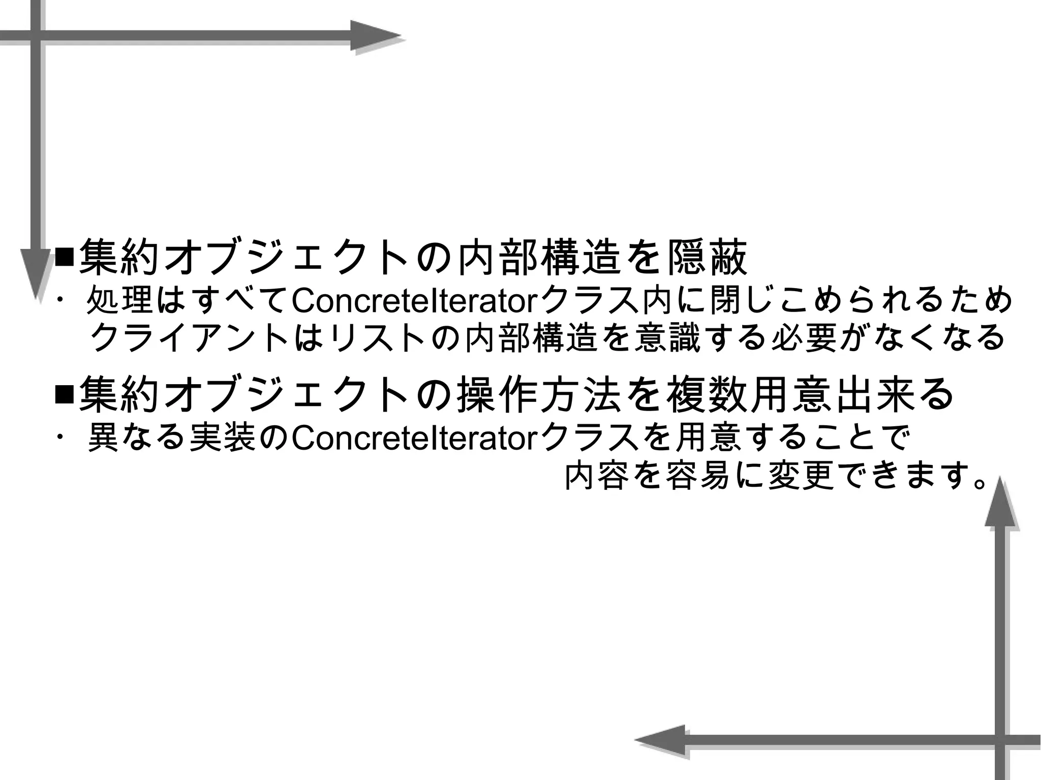 ■集約オブジェクトの内部構造を隠蔽
・処理はすべてConcreteIteratorクラス内に閉じこめられるため
クライアントはリストの内部構造を意識する必要がなくなる
■集約オブジェクトの操作方法を複数用意出来る
・異なる実装のConcreteIteratorクラスを用意することで
内容を容易に変更できます。
 