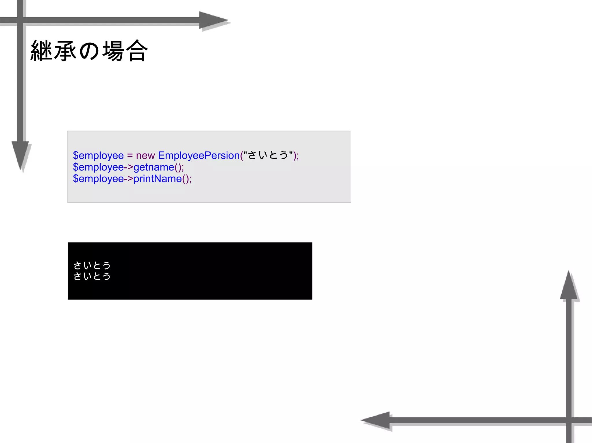 継承の場合
$employee = new EmployeePersion("さいとう");
$employee->getname();
$employee->printName();
さいとう
さいとう
 