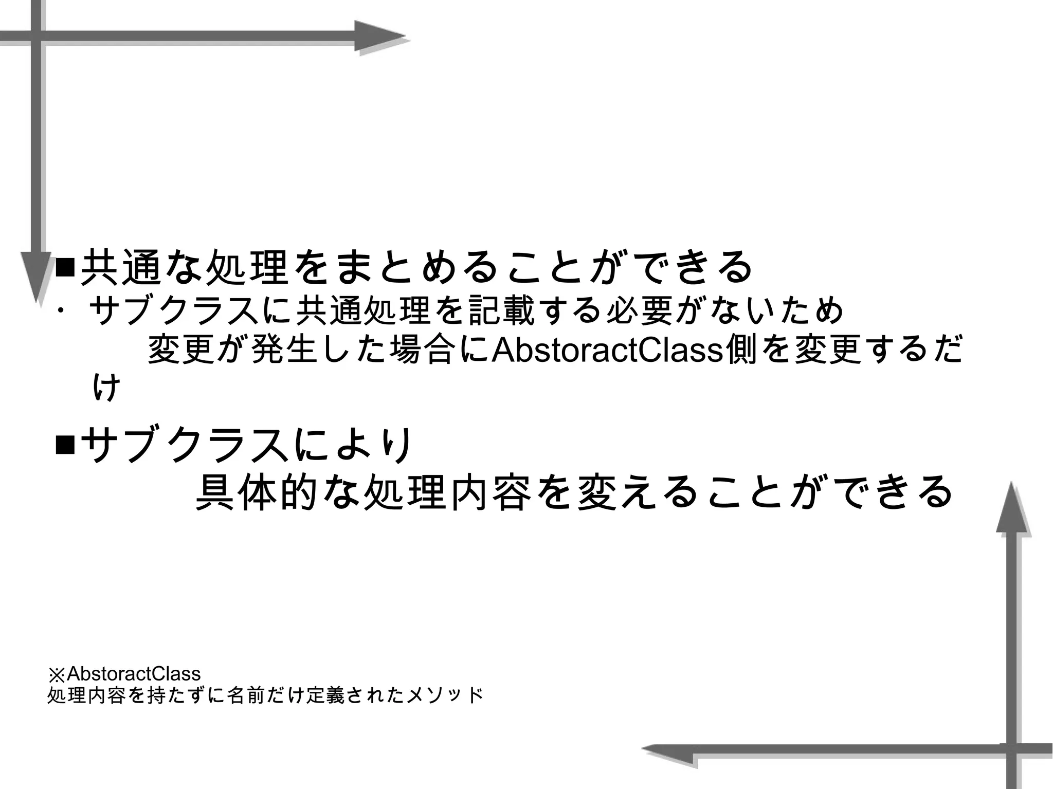 ■共通な処理をまとめることができる
・サブクラスに共通処理を記載する必要がないため
変更が発生した場合にAbstoractClass側を変更するだ
け
■サブクラスにより
具体的な処理内容を変えることができる
※AbstoractClass
処理内容を持たずに名前だけ定義されたメソッド
 