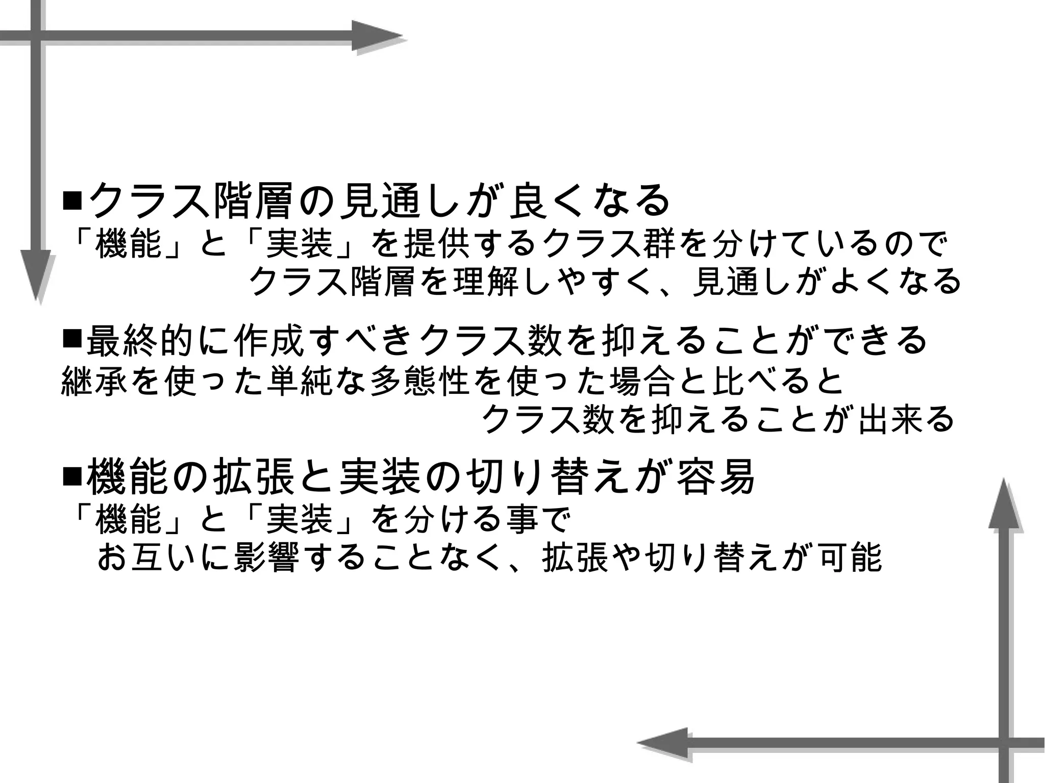 ■クラス階層の見通しが良くなる
「機能」と「実装」を提供するクラス群を分けているので
クラス階層を理解しやすく、見通しがよくなる
■最終的に作成すべきクラス数を抑えることができる
継承を使った単純な多態性を使った場合と比べると
クラス数を抑えることが出来る
■機能の拡張と実装の切り替えが容易
「機能」と「実装」を分ける事で
お互いに影響することなく、拡張や切り替えが可能
 