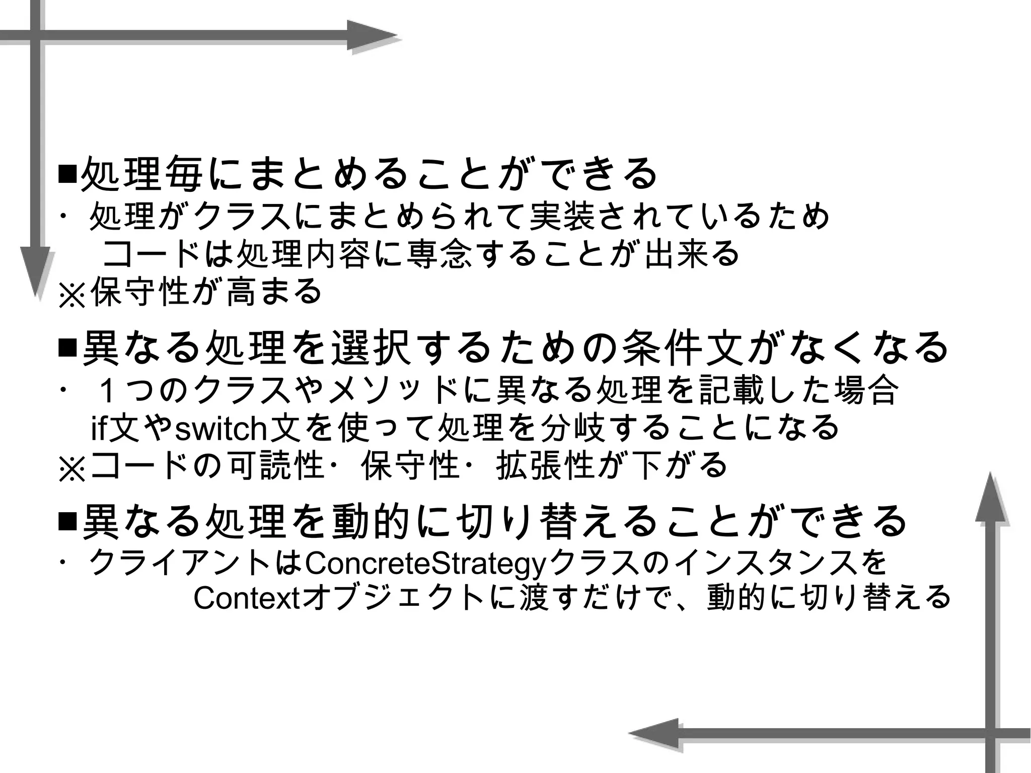■処理毎にまとめることができる
・処理がクラスにまとめられて実装されているため
コードは処理内容に専念することが出来る
※保守性が高まる
■異なる処理を選択するための条件文がなくなる
・１つのクラスやメソッドに異なる処理を記載した場合
if文やswitch文を使って処理を分岐することになる
※コードの可読性・保守性・拡張性が下がる
■異なる処理を動的に切り替えることができる
・クライアントはConcreteStrategyクラスのインスタンスを
Contextオブジェクトに渡すだけで、動的に切り替える
 