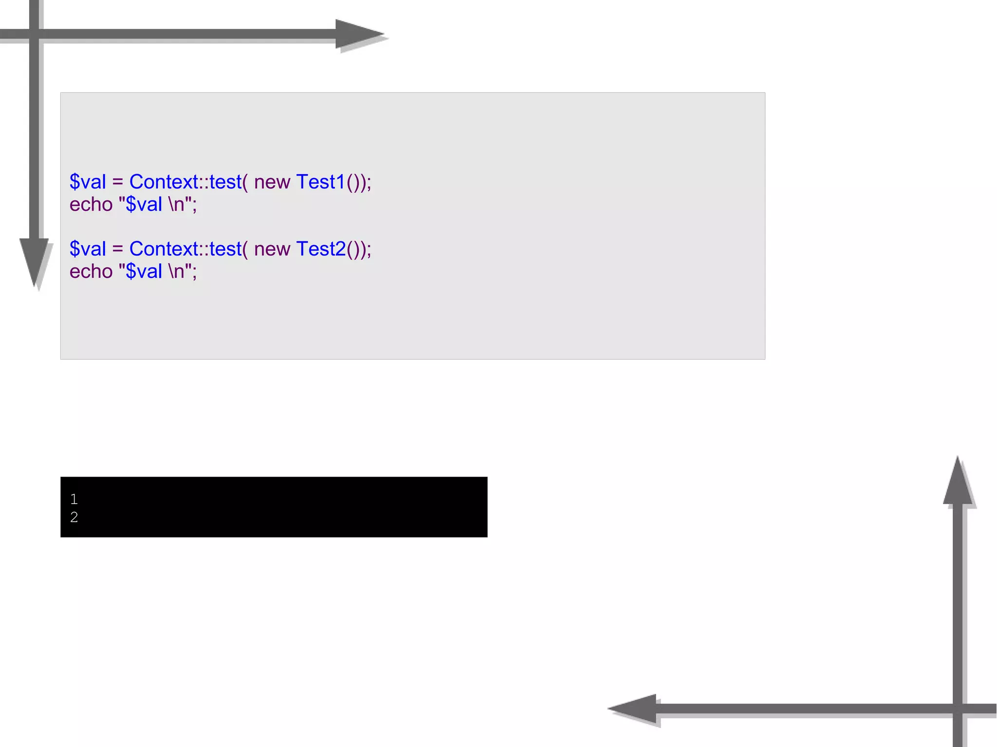 1
2
$val = Context::test( new Test1());
echo "$val n";
$val = Context::test( new Test2());
echo "$val n";
 