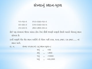 ૧૧=૧૦+૧ ૨૧૨=૨૦૦+૧૦+૨
૪૨=૪૦+૨ ૩૨૫=૩૦૦=૨૦+૫
૯૫=૯૦+૫ ૭૪૯=૭૦૦+૪૦+૯
કોઈ પણ સંખ્યામાં જેટલા આંકડા હોય તેમાં સૌથી જમણી બાજૂનો છેલ્લો આકડો એકમનું સ્થાન
કહેવાય છે.
ડાબી બાજુએ એક એક સ્થાન ખસીએ તો એકમ પછી દશક, શતક, હજાર, દસ હજાર....... નાં
સ્થાન આવે.
દા. ત. સંખ્યા ૫૧૭૪૮માં ૮નું સ્થાન-મૂલ્ય=૮
૪નું ,, =૪૦
૭નું ,, =૭૦૦
૧નું ,, =૧૦૦૦
૫નું ,, =૫૦,૦૦૦
 