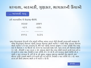 હવે બાદબાકીના બે ઉદહરણ જોઈએ.
૪૬૪૭ ૭૭૪૧
-૫૩૧ -૯૦૫
----- --- ----------
૪૧૧૬ ૬૮૩૬
પ્રથમ ઉદાહરણમાં ઉપરનો દરેક આંકડો નીચેના આંકડા કરતાં મોિો હોવાથી સરળતાથી સમજાય છે.
બીજા ઉદાહરણમાં એકમના પહેલી રકમના એકમના મથાને આવેલ ૧ માંથી બીજી રકમનાં એકમના
મથાને આવેલ ૫ ને બાદ કરવાના છે. જેને માિે પહેલી રકમના બાજુના ૪ દશક પાસેથી એક દશક
લઇ ને એકમના ૧ માં જોડવો પડે તો જ આ બાદબાકી શક્ય બને. આમ કરતાં હવે એકમના મથાને
૧૧ મળે , જેમાંથી ૫ બાદ કરતાં ૬ રહે. દશકના મથાને એક દશક ઓછો થવાને કારણે જતાં હવે ૪
ને બદલે ૩ દશક રહ્યા તેમાંથી ૦ બાદ કરીએ તો ૩ જ રહે છે. હવે શતકના મથાને જઈએ તો ૭
માંથી ૯ બાદ કરવાના છે. ફરી એ જ તકા મુજબ, બાજુના હજારના મથાનેથી એક હજારને ૭માં
જોડવા પડેછે. દશકને મથાને ૭ ને બદલે હવે ૧૭ મળે છે .તેમાંથી ૯ બાદ કરીએ તો ૮ રહે. આમ
કરતાં હવે છેલ્લે હજારના મથાને ૭ ને બદલે ૬ રહે છે.
.... આગળથી િાલુ
િમશઃ......
 
