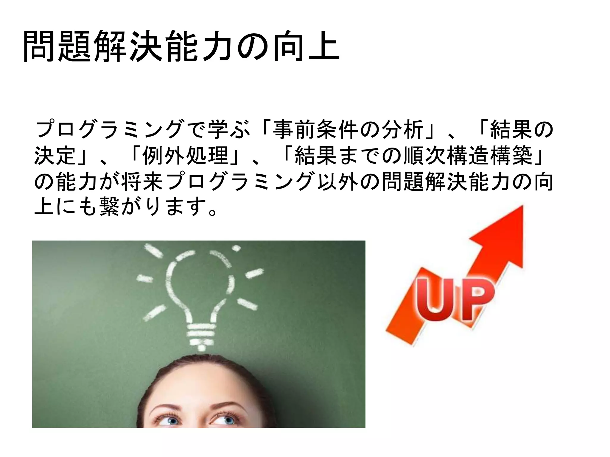 問題解決能力の向上
プログラミングで学ぶ「事前条件の分析」、「結果の
決定」、「例外処理」、「結果までの順次構造構築」
の能力が将来プログラミング以外の問題解決能力の向
上にも繋がります。
 