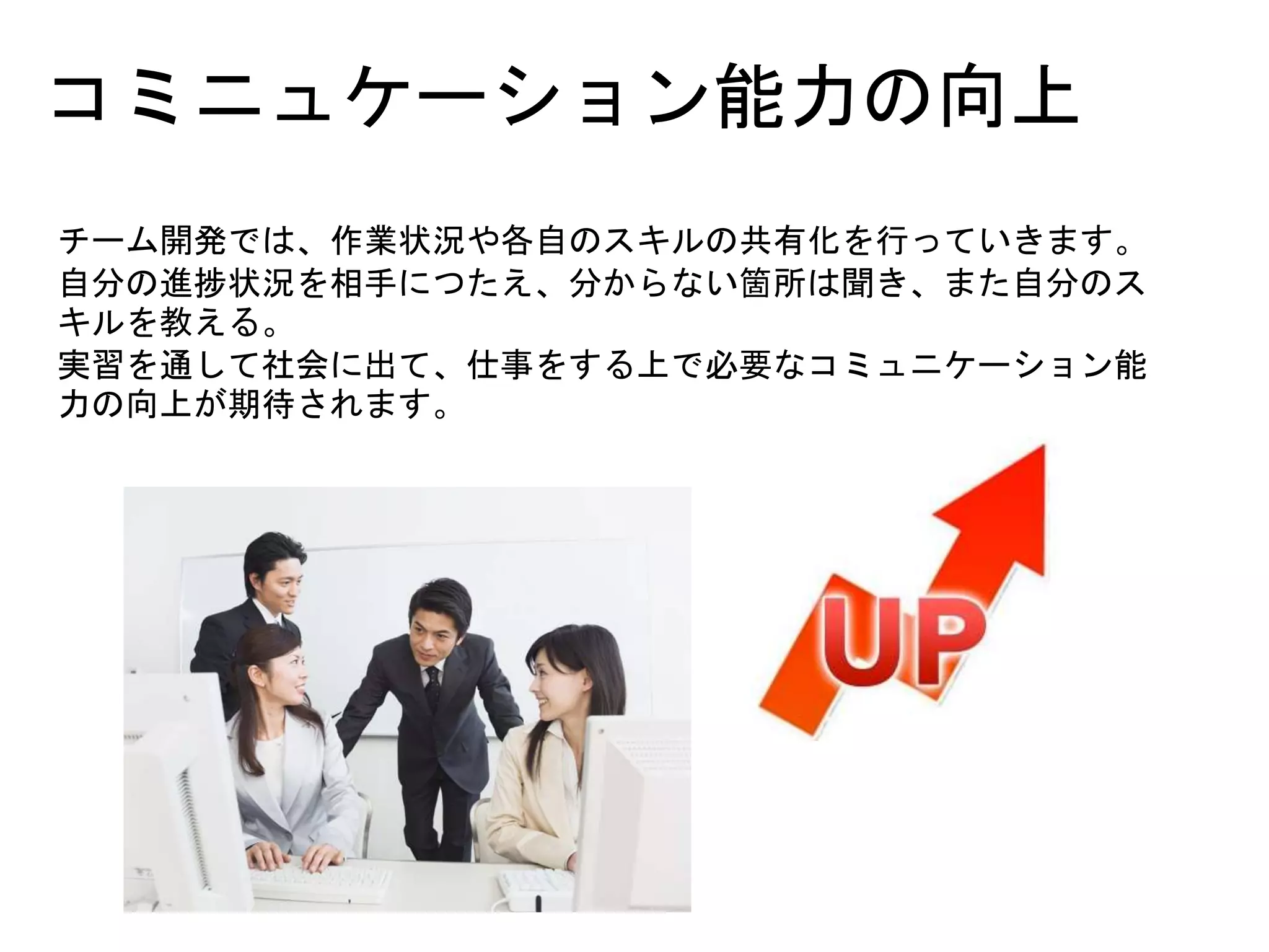 コミニュケーション能力の向上
チーム開発では、作業状況や各自のスキルの共有化を行っていきます。
自分の進捗状況を相手につたえ、分からない箇所は聞き、また自分のス
キルを教える。
実習を通して社会に出て、仕事をする上で必要なコミュニケーション能
力の向上が期待されます。
 