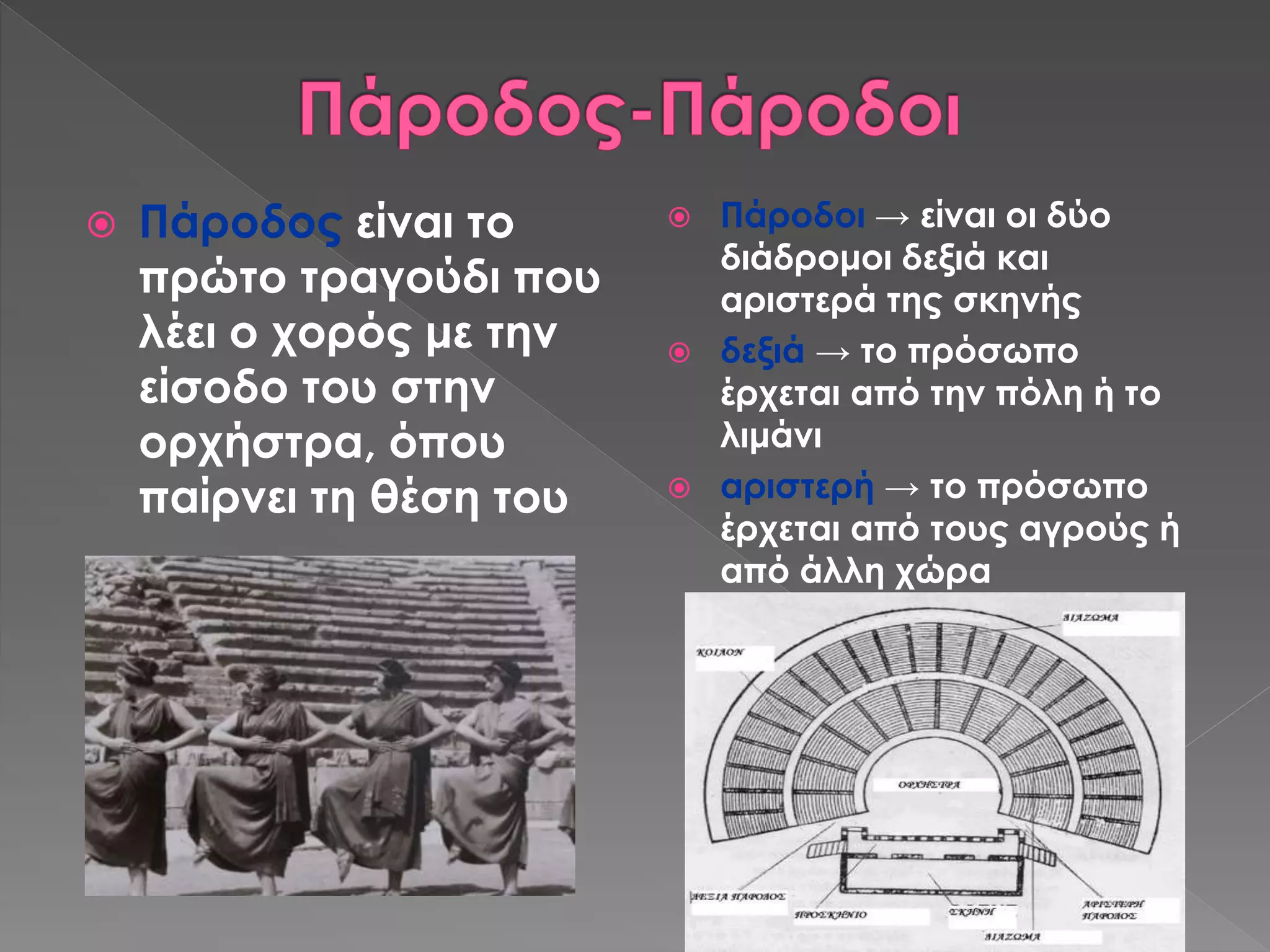  Πάροδος είναι το
πρώτο τραγούδι που
λέει ο χορός με την
είσοδο του στην
ορχήστρα, όπου
παίρνει τη θέση του
 Πάροδοι → είναι οι δύο
διάδρομοι δεξιά και
αριστερά της σκηνής
 δεξιά → το πρόσωπο
έρχεται από την πόλη ή το
λιμάνι
 αριστερή → το πρόσωπο
έρχεται από τους αγρούς ή
από άλλη χώρα
 