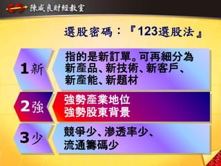 12
選股密碼：『123選股法』
指的是新訂單。可再細分為
新產品、新技術、新客戶、
新產能、新題材
1新
強勢產業地位
強勢股東背景2強
競爭少、滲透率少、
流通籌碼少
3少
 