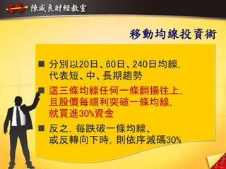 移動均線投資術
9
 分別以20日、60日、240日均線，
代表短、中、長期趨勢
 這三條均線任何一條翻揚往上，
且股價每順利突破一條均線，
就買進30%資金
 反之，每跌破一條均線、
或反轉向下時，則依序減碼30%
 