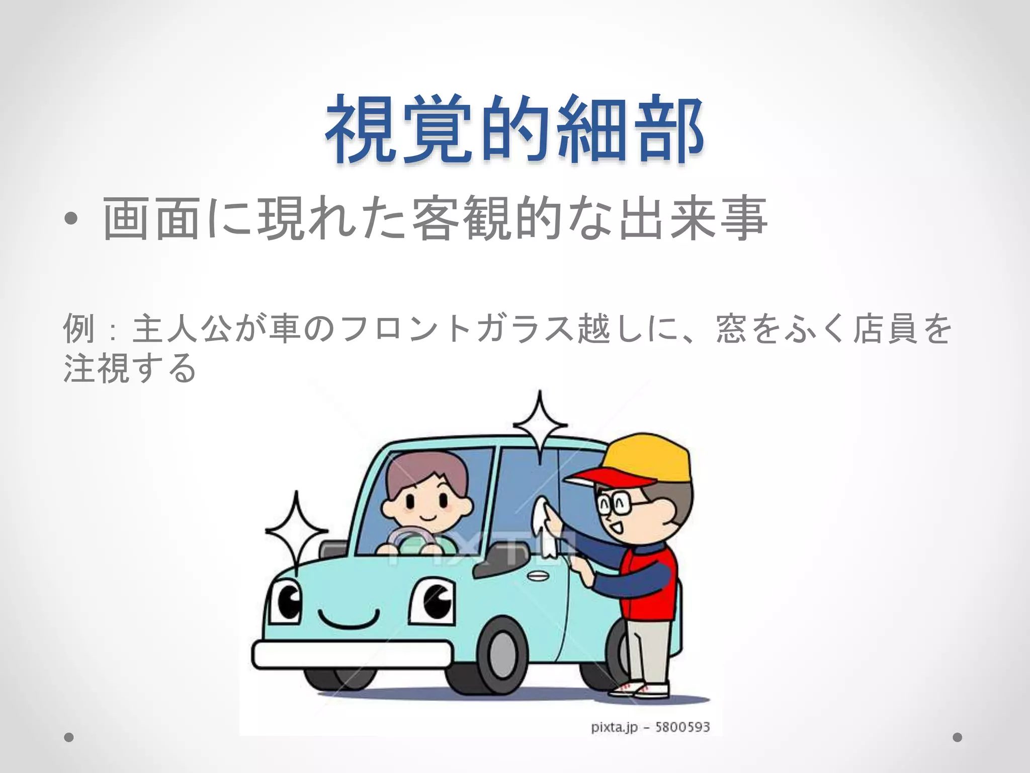 視覚的細部
• 画面に現れた客観的な出来事
例：主人公が車のフロントガラス越しに、窓をふく店員を
注視する
 