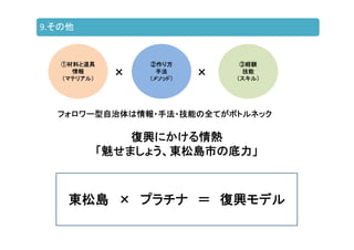9.その他
東松島 × プラチナ ＝ 復興モデル
× ×
①材料と道具
情報
（マテリアル）
②作り方
手法
（メソッド）
③経験
技能
（スキル）
フォロワー型自治体は情報・手法・技能の全てがボトルネック
復興にかける情熱
「魅せましょう、東松島市の底力」
 