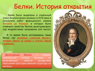 Белки. История открытия
Белки были выделены в отдельный
класс биологических молекул в XVIII веке в
результате работ французского химика
Антуана де Фуркруа, в которых было
отмечено свойство белков денатурировать
под воздействием нагревания или кислот.
В то время были исследованы такие
белки, как альбумин («яичный белок»),
фибрин (белок из крови) и глютен (зерна
пшеницы).
Денатурация белков — термин,
означающий потерю белками их
естественных свойств вследствие
нарушения пространственной структуры их
молекул.
 