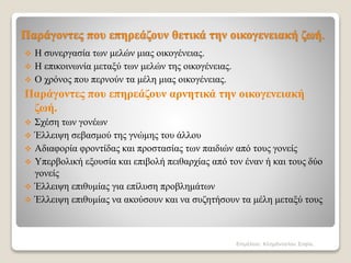Παράγοντες που επηρεάζουν θετικά την οικογενειακή ζωή.
 Η συνεργασία των μελών μιας οικογένειας.
 Η επικοινωνία μεταξύ των μελών της οικογένειας.
 Ο χρόνος που περνούν τα μέλη μιας οικογένειας.
Παράγοντες που επηρεάζουν αρνητικά την οικογενειακή
ζωή.
 Σχέση των γονέων
 Έλλειψη σεβασμού της γνώμης του άλλου
 Αδιαφορία φροντίδας και προστασίας των παιδιών από τους γονείς
 Υπερβολική εξουσία και επιβολή πειθαρχίας από τον έναν ή και τους δύο
γονείς
 Έλλειψη επιθυμίας για επίλυση προβλημάτων
 Έλλειψη επιθυμίας να ακούσουν και να συζητήσουν τα μέλη μεταξύ τους
Επιμέλεια: Κλημάνογλου Σοφία.
 