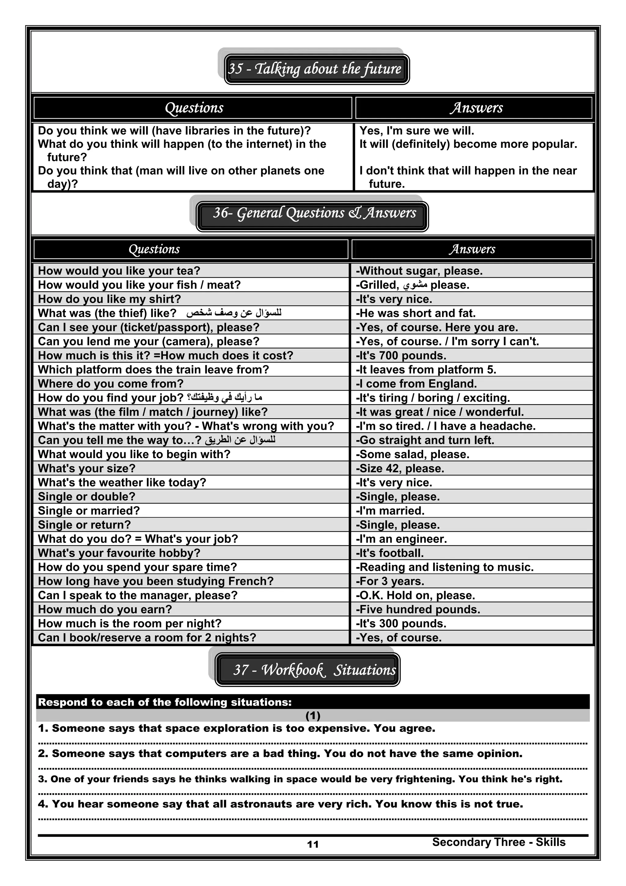 Secondary Three - Skills11
35 - Talking about the future
Questions Answers
Do you think we will (have libraries in the future)? Yes, I'm sure we will.
What do you think will happen (to the internet) in the
future?
It will (definitely) become more popular.
Do you think that (man will live on other planets one
day)?
I don't think that will happen in the near
future.
36- General Questions & Answers
Questions Answers
How would you like your tea? -Without sugar, please.
How would you like your fish / meat? -Grilled, ‫مشوي‬ please.
How do you like my shirt? -It's very nice.
What was (the thief) like? ‫للسؤال‬‫عن‬‫وصف‬‫شخص‬ -He was short and fat.
Can I see your (ticket/passport), please? -Yes, of course. Here you are.
Can you lend me your (camera), please? -Yes, of course. / I'm sorry I can't.
How much is this it? =How much does it cost? -It's 700 pounds.
Which platform does the train leave from? -It leaves from platform 5.
Where do you come from? -I come from England.
How do you find your job? ‫ما‬‫رأيك‬‫في‬‫وظيفتك‬‫؟‬ -It's tiring / boring / exciting.
What was (the film / match / journey) like? -It was great / nice / wonderful.
What's the matter with you? - What's wrong with you? -I'm so tired. / I have a headache.
Can you tell me the way to…? ‫للسؤال‬‫عن‬‫الطريق‬ -Go straight and turn left.
What would you like to begin with? -Some salad, please.
What's your size? -Size 42, please.
What's the weather like today? -It's very nice.
Single or double? -Single, please.
Single or married? -I'm married.
Single or return? -Single, please.
What do you do? = What's your job? -I'm an engineer.
What's your favourite hobby? -It's football.
How do you spend your spare time? -Reading and listening to music.
How long have you been studying French? -For 3 years.
Can I speak to the manager, please? -O.K. Hold on, please.
How much do you earn? -Five hundred pounds.
How much is the room per night? -It's 300 pounds.
Can I book/reserve a room for 2 nights? -Yes, of course.
37 - Workbook Situations
Respond to each of the following situations:
(1)
1. Someone says that space exploration is too expensive. You agree.
…………………………………………………………………………………………..………………………………………………………………………………..
2. Someone says that computers are a bad thing. You do not have the same opinion.
…………………………………………………………………………………………..………………………………………………………………………………..
3. One of your friends says he thinks walking in space would be very frightening. You think he's right.
…………………………………………………………………………………………..………………………………………………………………………………..
4. You hear someone say that all astronauts are very rich. You know this is not true.
…………………………………………………………………………………………..………………………………………………………………………………..
 