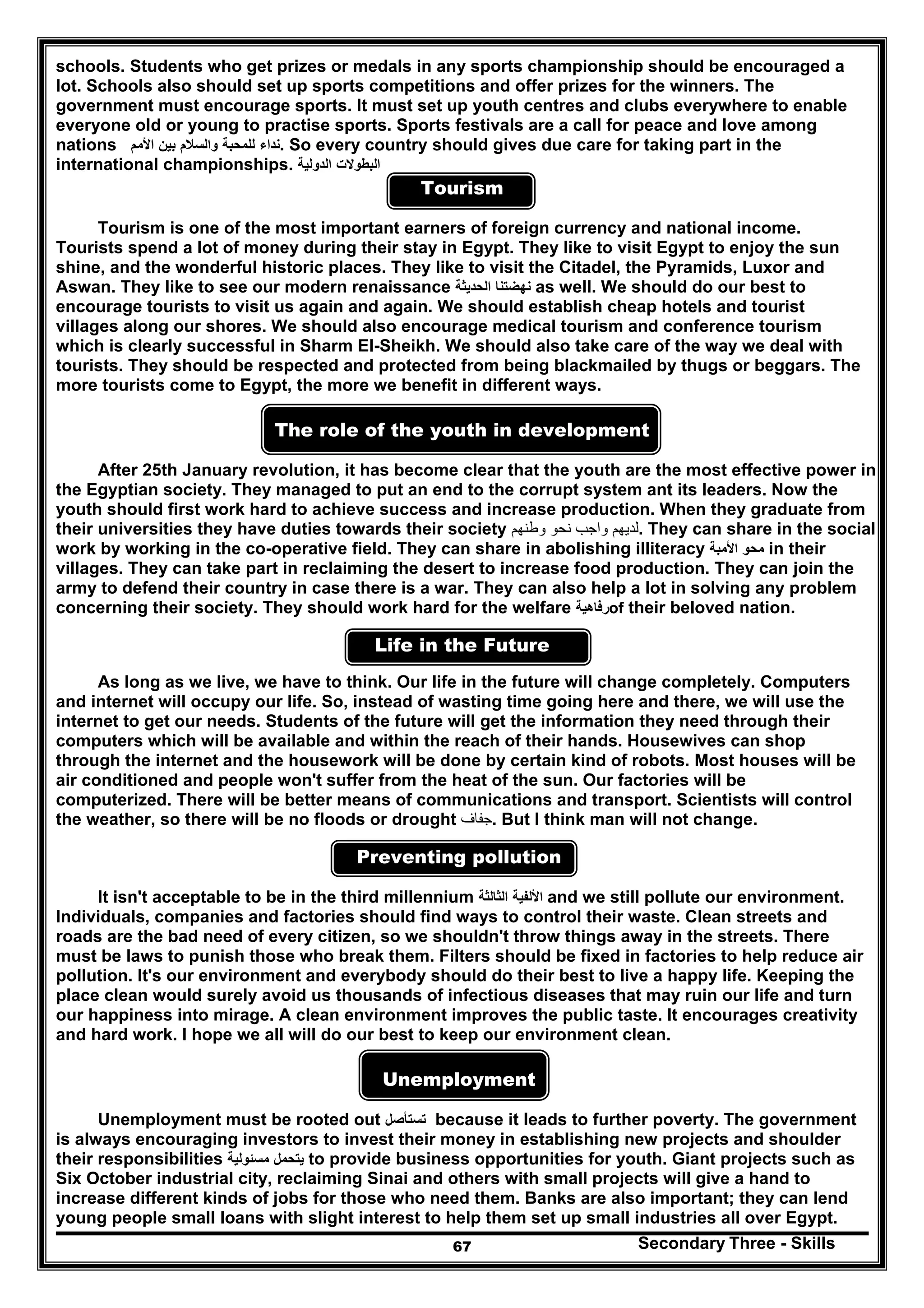 Secondary Three - Skills67
schools. Students who get prizes or medals in any sports championship should be encouraged a
lot. Schools also should set up sports competitions and offer prizes for the winners. The
government must encourage sports. It must set up youth centres and clubs everywhere to enable
everyone old or young to practise sports. Sports festivals are a call for peace and love among
nations ‫نداء‬‫للمحبة‬‫والسالم‬‫بين‬‫األمم‬ . So every country should gives due care for taking part in the
international championships. ‫البطوالت‬‫الدولية‬
Tourism
Tourism is one of the most important earners of foreign currency and national income.
Tourists spend a lot of money during their stay in Egypt. They like to visit Egypt to enjoy the sun
shine, and the wonderful historic places. They like to visit the Citadel, the Pyramids, Luxor and
Aswan. They like to see our modern renaissance ‫نھضتنا‬‫الحديثة‬ as well. We should do our best to
encourage tourists to visit us again and again. We should establish cheap hotels and tourist
villages along our shores. We should also encourage medical tourism and conference tourism
which is clearly successful in Sharm El-Sheikh. We should also take care of the way we deal with
tourists. They should be respected and protected from being blackmailed by thugs or beggars. The
more tourists come to Egypt, the more we benefit in different ways.
The role of the youth in development
After 25th January revolution, it has become clear that the youth are the most effective power in
the Egyptian society. They managed to put an end to the corrupt system ant its leaders. Now the
youth should first work hard to achieve success and increase production. When they graduate from
their universities they have duties towards their society ‫لديھم‬‫واجب‬‫نحو‬‫وطنھم‬ . They can share in the social
work by working in the co-operative field. They can share in abolishing illiteracy ‫محو‬‫األمبة‬ in their
villages. They can take part in reclaiming the desert to increase food production. They can join the
army to defend their country in case there is a war. They can also help a lot in solving any problem
concerning their society. They should work hard for the welfare ‫رفاھية‬of their beloved nation.
Life in the Future
As long as we live, we have to think. Our life in the future will change completely. Computers
and internet will occupy our life. So, instead of wasting time going here and there, we will use the
internet to get our needs. Students of the future will get the information they need through their
computers which will be available and within the reach of their hands. Housewives can shop
through the internet and the housework will be done by certain kind of robots. Most houses will be
air conditioned and people won't suffer from the heat of the sun. Our factories will be
computerized. There will be better means of communications and transport. Scientists will control
the weather, so there will be no floods or drought ‫.جفاف‬ But I think man will not change.
Preventing pollution
It isn't acceptable to be in the third millennium ‫األلفية‬‫الثالثة‬ and we still pollute our environment.
Individuals, companies and factories should find ways to control their waste. Clean streets and
roads are the bad need of every citizen, so we shouldn't throw things away in the streets. There
must be laws to punish those who break them. Filters should be fixed in factories to help reduce air
pollution. It's our environment and everybody should do their best to live a happy life. Keeping the
place clean would surely avoid us thousands of infectious diseases that may ruin our life and turn
our happiness into mirage. A clean environment improves the public taste. It encourages creativity
and hard work. I hope we all will do our best to keep our environment clean.
Unemployment
Unemployment must be rooted out ‫تستأصل‬ because it leads to further poverty. The government
is always encouraging investors to invest their money in establishing new projects and shoulder
their responsibilities ‫يتحمل‬‫مسئولية‬ to provide business opportunities for youth. Giant projects such as
Six October industrial city, reclaiming Sinai and others with small projects will give a hand to
increase different kinds of jobs for those who need them. Banks are also important; they can lend
young people small loans with slight interest to help them set up small industries all over Egypt.
 