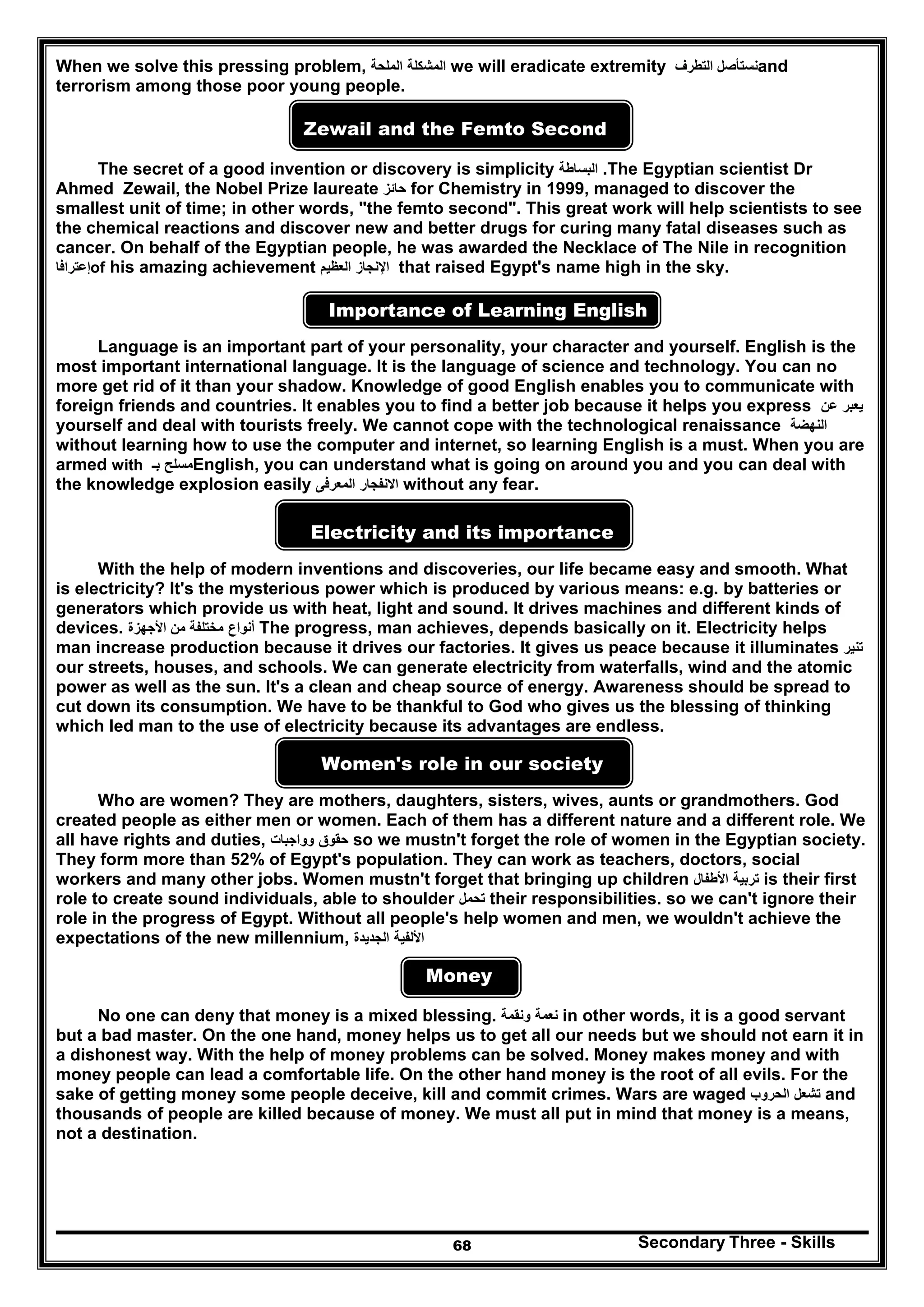 Secondary Three - Skills68
When we solve this pressing problem, ‫المشكلة‬‫الملحة‬ we will eradicate extremity ‫نستأصل‬‫التطرف‬ and
terrorism among those poor young people.
Zewail and the Femto Second
The secret of a good invention or discovery is simplicity ‫البساطة‬ .The Egyptian scientist Dr
Ahmed Zewail, the Nobel Prize laureate ‫حائز‬ for Chemistry in 1999, managed to discover the
smallest unit of time; in other words, "the femto second". This great work will help scientists to see
the chemical reactions and discover new and better drugs for curing many fatal diseases such as
cancer. On behalf of the Egyptian people, he was awarded the Necklace of The Nile in recognition
‫إعترافا‬of his amazing achievement ‫اإلنجاز‬‫العظيم‬ that raised Egypt's name high in the sky.
Importance of Learning English
Language is an important part of your personality, your character and yourself. English is the
most important international language. It is the language of science and technology. You can no
more get rid of it than your shadow. Knowledge of good English enables you to communicate with
foreign friends and countries. It enables you to find a better job because it helps you express ‫يعبر‬‫عن‬
yourself and deal with tourists freely. We cannot cope with the technological renaissance ‫النھضة‬
without learning how to use the computer and internet, so learning English is a must. When you are
armed with ‫مسلح‬‫بـ‬ English, you can understand what is going on around you and you can deal with
the knowledge explosion easily ‫االنفجار‬‫المعرفى‬ without any fear.
Electricity and its importance
With the help of modern inventions and discoveries, our life became easy and smooth. What
is electricity? It's the mysterious power which is produced by various means: e.g. by batteries or
generators which provide us with heat, light and sound. It drives machines and different kinds of
devices. ‫أنواع‬‫مختلفة‬‫من‬‫األجھزة‬ The progress, man achieves, depends basically on it. Electricity helps
man increase production because it drives our factories. It gives us peace because it illuminates ‫تنير‬
our streets, houses, and schools. We can generate electricity from waterfalls, wind and the atomic
power as well as the sun. It's a clean and cheap source of energy. Awareness should be spread to
cut down its consumption. We have to be thankful to God who gives us the blessing of thinking
which led man to the use of electricity because its advantages are endless.
Women's role in our society
Who are women? They are mothers, daughters, sisters, wives, aunts or grandmothers. God
created people as either men or women. Each of them has a different nature and a different role. We
all have rights and duties, ‫حقوق‬‫وواجبات‬ so we mustn't forget the role of women in the Egyptian society.
They form more than 52% of Egypt's population. They can work as teachers, doctors, social
workers and many other jobs. Women mustn't forget that bringing up children ‫تربية‬‫األطفال‬ is their first
role to create sound individuals, able to shoulder ‫تحمل‬ their responsibilities. so we can't ignore their
role in the progress of Egypt. Without all people's help women and men, we wouldn't achieve the
expectations of the new millennium, ‫األ‬‫لفية‬‫الجديدة‬
Money
No one can deny that money is a mixed blessing. ‫نعمة‬‫ونقمة‬ in other words, it is a good servant
but a bad master. On the one hand, money helps us to get all our needs but we should not earn it in
a dishonest way. With the help of money problems can be solved. Money makes money and with
money people can lead a comfortable life. On the other hand money is the root of all evils. For the
sake of getting money some people deceive, kill and commit crimes. Wars are waged ‫تشعل‬‫الحروب‬ and
thousands of people are killed because of money. We must all put in mind that money is a means,
not a destination.
 