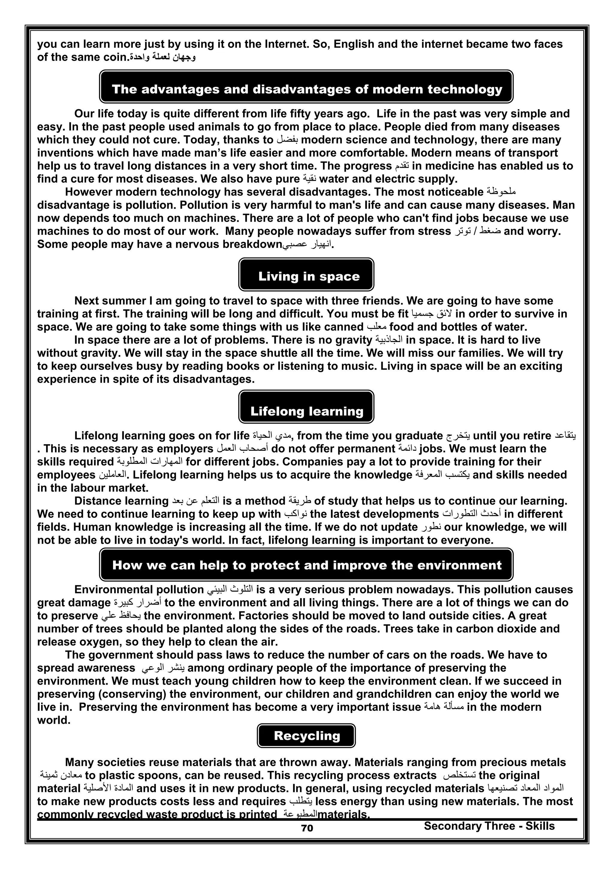 Secondary Three - Skills70
you can learn more just by using it on the Internet. So, English and the internet became two faces
of the same coin. ‫وجھان‬‫لعملة‬‫واحدة‬
The advantages and disadvantages of modern technology
Our life today is quite different from life fifty years ago. Life in the past was very simple and
easy. In the past people used animals to go from place to place. People died from many diseases
which they could not cure. Today, thanks to ‫بفضل‬ modern science and technology, there are many
inventions which have made man’s life easier and more comfortable. Modern means of transport
help us to travel long distances in a very short time. The progress ‫تقدم‬ in medicine has enabled us to
find a cure for most diseases. We also have pure ‫نقية‬ water and electric supply.
However modern technology has several disadvantages. The most noticeable ‫ملحوظة‬
disadvantage is pollution. Pollution is very harmful to man's life and can cause many diseases. Man
now depends too much on machines. There are a lot of people who can't find jobs because we use
machines to do most of our work. Many people nowadays suffer from stress ‫ضغط‬/‫توتر‬ and worry.
Some people may have a nervous breakdown‫عصبي‬ ‫.انھيار‬
Living in space
Next summer I am going to travel to space with three friends. We are going to have some
training at first. The training will be long and difficult. You must be fit ‫جسميا‬ ‫الئق‬ in order to survive in
space. We are going to take some things with us like canned ‫معلب‬ food and bottles of water.
In space there are a lot of problems. There is no gravity ‫الجاذبية‬ in space. It is hard to live
without gravity. We will stay in the space shuttle all the time. We will miss our families. We will try
to keep ourselves busy by reading books or listening to music. Living in space will be an exciting
experience in spite of its disadvantages.
Lifelong learning
Lifelong learning goes on for life ‫الحياة‬ ‫,مدي‬ from the time you graduate ‫يتخرج‬ until you retire ‫يتقاعد‬
. This is necessary as employers ‫العمل‬ ‫أصحاب‬ do not offer permanent ‫دائمة‬ jobs. We must learn the
skills required ‫المطلوبة‬ ‫المھارات‬ for different jobs. Companies pay a lot to provide training for their
employees ‫.العاملين‬ Lifelong learning helps us to acquire the knowledge ‫المعرفة‬ ‫يكتسب‬ and skills needed
in the labour market.
Distance learning ‫بعد‬ ‫عن‬ ‫التعلم‬ is a method ‫طريقة‬ of study that helps us to continue our learning.
We need to continue learning to keep up with ‫نواكب‬ the latest developments ‫التطورات‬ ‫أحدث‬ in different
fields. Human knowledge is increasing all the time. If we do not update ‫نطور‬ our knowledge, we will
not be able to live in today's world. In fact, lifelong learning is important to everyone.
How we can help to protect and improve the environment
Environmental pollution ‫ا‬ ‫التلوث‬‫لبيئي‬ is a very serious problem nowadays. This pollution causes
great damage ‫كبيرة‬ ‫أضرار‬ to the environment and all living things. There are a lot of things we can do
to preserve ‫علي‬ ‫يحافظ‬ the environment. Factories should be moved to land outside cities. A great
number of trees should be planted along the sides of the roads. Trees take in carbon dioxide and
release oxygen, so they help to clean the air.
The government should pass laws to reduce the number of cars on the roads. We have to
spread awareness ‫الوعي‬ ‫ينشر‬ among ordinary people of the importance of preserving the
environment. We must teach young children how to keep the environment clean. If we succeed in
preserving (conserving) the environment, our children and grandchildren can enjoy the world we
live in. Preserving the environment has become a very important issue ‫ھامة‬ ‫مسألة‬ in the modern
world.
Recycling
Many societies reuse materials that are thrown away. Materials ranging from precious metals
‫ثمينة‬ ‫معادن‬ to plastic spoons, can be reused. This recycling process extracts ‫تستخلص‬ the original
material ‫األصلية‬ ‫المادة‬ and uses it in new products. In general, using recycled materials ‫تصنيعھا‬ ‫المعاد‬ ‫المواد‬
to make new products costs less and requires ‫يتطلب‬ less energy than using new materials. The most
commonly recycled waste product is printed ‫المطبوعة‬materials.
 