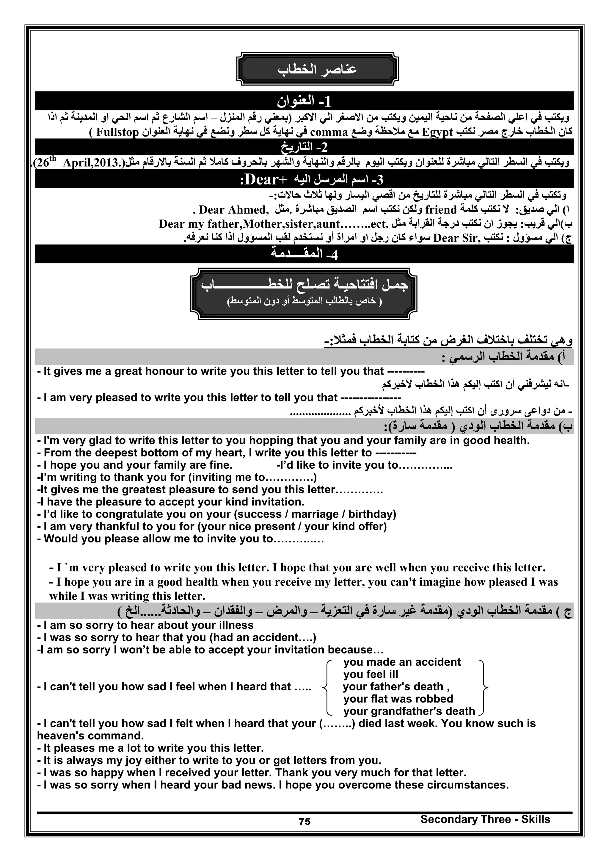 Secondary Three - Skills75
‫الخطاب‬ ‫عناصر‬
1-‫العنوان‬
‫االكبر‬ ‫الي‬ ‫االصغر‬ ‫من‬ ‫ويكتب‬ ‫اليمين‬ ‫ناحية‬ ‫من‬ ‫الصفحة‬ ‫اعلي‬ ‫في‬ ‫ويكتب‬)‫المنزل‬ ‫رقم‬ ‫بمعني‬–‫اذا‬ ‫ثم‬ ‫المدينة‬ ‫او‬ ‫الحي‬ ‫اسم‬ ‫ثم‬ ‫الشارع‬ ‫اسم‬
‫نكتب‬ ‫مصر‬ ‫خارج‬ ‫الخطاب‬ ‫كان‬Egypt‫وضع‬ ‫مالحظة‬ ‫مع‬comma‫سطر‬ ‫كل‬ ‫نھاية‬ ‫في‬‫ونضع‬‫العنوان‬ ‫نھاية‬ ‫في‬Fullstop(
2-‫التاريخ‬
‫اليوم‬ ‫ويكتب‬ ‫للعنوان‬ ‫مباشرة‬ ‫التالي‬ ‫السطر‬ ‫في‬ ‫ويكتب‬‫مثل‬ ‫باالرقام‬ ‫السنة‬ ‫ثم‬ ‫كامال‬ ‫بالحروف‬ ‫والشھر‬ ‫والنھاية‬ ‫بالرقم‬)26th
April,2013..(
3-‫اسم‬‫اليه‬ ‫المرسل‬:Dear+
‫اقصي‬ ‫من‬ ‫للتاريخ‬ ‫مباشرة‬ ‫التالي‬ ‫السطر‬ ‫في‬ ‫وتكتب‬‫اليسار‬‫حاالت‬ ‫ثالث‬ ‫ولھا‬:-
‫ا‬(‫صديق‬ ‫الي‬:‫كلمة‬ ‫نكتب‬ ‫ال‬friend‫مباشرة‬ ‫الصديق‬ ‫اسم‬ ‫نكتب‬ ‫ولكن‬.‫مثل‬Dear Ahmed,.
‫ب‬(‫قريب‬ ‫الي‬:‫مثل‬ ‫القرابة‬ ‫درجة‬ ‫نكتب‬ ‫ان‬ ‫يجوز‬Dear my father,Mother,sister,aunt……..ect.
‫ج‬(‫مسؤ‬ ‫الي‬‫و‬‫ل‬:‫نكتب‬Dear Sir,‫امراة‬ ‫او‬ ‫رجل‬ ‫كان‬ ‫سواء‬‫نعرفه‬ ‫كنا‬ ‫اذا‬ ‫المسؤول‬ ‫لقب‬ ‫نستخدم‬ ‫أو‬.
4-‫المقــــدمة‬
‫جم‬‫ـ‬‫افتتاحي‬ ‫ل‬‫ـ‬‫تص‬ ‫ة‬‫ـ‬‫لح‬‫للخطــــــــــــــــاب‬
)‫المتوسط‬ ‫دون‬ ‫أو‬ ‫المتوسط‬ ‫بالطالب‬ ‫خاص‬(
‫فمثال‬ ‫الخطاب‬ ‫كتابة‬ ‫من‬ ‫الغرض‬ ‫باختالف‬ ‫تختلف‬ ‫وھي‬:-
‫أ‬(‫مقدمة‬‫الرسمي‬ ‫الخطاب‬:
- It gives me a great honour to write you this letter to tell you that ----------
-‫أن‬ ‫ليشرفني‬ ‫انه‬‫ألخبركم‬ ‫الخطاب‬ ‫ھذا‬ ‫إليكم‬ ‫اكتب‬
- I am very pleased to write you this letter to tell you that ----------------
-‫أن‬ ‫سرورى‬ ‫دواعى‬ ‫من‬‫ألخبركم‬ ‫الخطاب‬ ‫ھذا‬ ‫إليكم‬ ‫اكتب‬....................
‫ب‬(‫مقدمة‬‫الودي‬ ‫الخطاب‬)‫سارة‬ ‫مقدمة‬(:
- I'm very glad to write this letter to you hopping that you and your family are in good health.
- From the deepest bottom of my heart, I write you this letter to -----------
- I hope you and your family are fine. -I’d like to invite you to…………...
-I’m writing to thank you for (inviting me to………….)
-It gives me the greatest pleasure to send you this letter………….
-I have the pleasure to accept your kind invitation.
- I’d like to congratulate you on your (success / marriage / birthday)
- I am very thankful to you for (your nice present / your kind offer)
- Would you please allow me to invite you to………..…
- I `m very pleased to write you this letter. I hope that you are well when you receive this letter.
- I hope you are in a good health when you receive my letter, you can't imagine how pleased I was
while I was writing this letter.
‫ج‬(‫مقدمة‬‫الودي‬ ‫الخطاب‬)‫سارة‬ ‫غير‬ ‫مقدمة‬‫التعزية‬ ‫في‬–‫والمرض‬–‫والفقدان‬–‫والحادثة‬......‫الخ‬(
- I am so sorry to hear about your illness
- I was so sorry to hear that you (had an accident….)
-I am so sorry I won’t be able to accept your invitation because…
you made an accident
you feel ill
- I can't tell you how sad I feel when I heard that ….. your father's death ,
your flat was robbed
your grandfather's death
- I can't tell you how sad I felt when I heard that your (……..) died last week. You know such is
heaven's command.
- It pleases me a lot to write you this letter.
- It is always my joy either to write to you or get letters from you.
- I was so happy when I received your letter. Thank you very much for that letter.
- I was so sorry when I heard your bad news. I hope you overcome these circumstances.
 