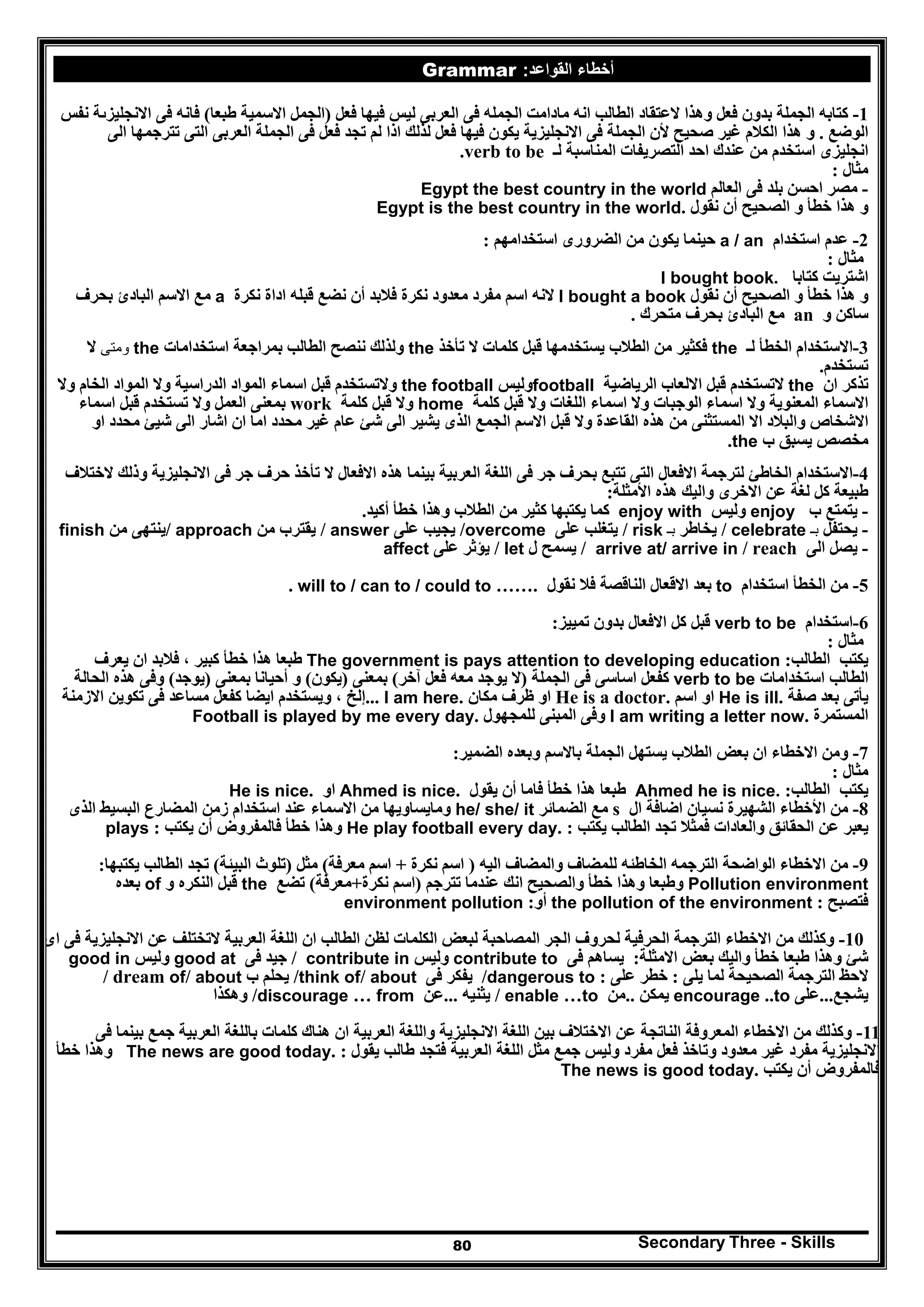 Secondary Three - Skills80
Grammar ‫أخطاء‬‫القواعد‬:
1-‫الجمل‬ ‫كتابه‬‫ة‬‫ان‬ ‫الطالب‬ ‫العتقاد‬ ‫وھذا‬ ‫فعل‬ ‫بدون‬‫ه‬‫الج‬ ‫مادامت‬‫ا‬ ‫فى‬ ‫مله‬‫لعربى‬‫ليس‬‫فعل‬ ‫فيھا‬)‫االسمي‬ ‫الجمل‬‫ة‬‫طبعا‬(‫فانه‬‫االنجليزٮ‬ ‫فى‬‫ة‬‫نفس‬
‫الوضع‬.‫ھذا‬ ‫و‬‫الكالم‬‫صحيح‬ ‫غير‬‫ألن‬‫الجمل‬‫ة‬‫االنجليز‬ ‫فى‬‫ية‬‫ف‬ ‫فيھا‬ ‫يكون‬‫الجمل‬ ‫فى‬ ‫فعل‬ ‫تجد‬ ‫لم‬ ‫اذا‬ ‫لذلك‬ ‫عل‬‫ة‬‫الى‬ ‫تترجمھا‬ ‫التى‬ ‫العربى‬
‫احد‬ ‫عندك‬ ‫من‬ ‫استخدم‬ ‫انجليزى‬‫لـ‬ ‫المناسبة‬ ‫التصريفات‬verb to be.
‫مثال‬:
-‫العالم‬ ‫فى‬ ‫بلد‬ ‫احسن‬ ‫مصر‬Egypt the best country in the world
‫نقول‬ ‫أن‬ ‫الصحيح‬ ‫و‬ ‫خطأ‬ ‫ھذا‬ ‫و‬Egypt is the best country in the world.
2-‫عدم‬‫استخدام‬a / an‫يكون‬ ‫حينما‬‫ال‬ ‫من‬‫استخدامھم‬ ‫ضرورى‬:
‫مثال‬:
‫كتابا‬ ‫اشتريت‬I bought book.
‫نقول‬ ‫أن‬ ‫الصحيح‬ ‫و‬ ‫خطأ‬ ‫ھذا‬ ‫و‬I bought a book‫النه‬‫ن‬ ‫معدود‬ ‫مفرد‬ ‫اسم‬‫كر‬‫ة‬‫قبله‬ ‫نضع‬ ‫أن‬ ‫فالبد‬‫ادا‬‫ة‬‫نكر‬‫ة‬a‫مع‬‫ا‬‫بحرف‬ ‫البادئ‬ ‫السم‬
‫و‬ ‫ساكن‬an‫ا‬ ‫مع‬‫متحرك‬ ‫بحرف‬ ‫لبادئ‬.
3-‫االستخد‬‫ل‬ ‫الخطأ‬ ‫ام‬‫ـ‬the‫من‬ ‫فكثير‬‫ت‬ ‫ال‬ ‫كلمات‬ ‫قبل‬ ‫يستخدمھا‬ ‫الطالب‬‫أ‬‫خذ‬the‫الطالب‬ ‫ننصح‬ ‫ولذلك‬‫ب‬‫مراجعة‬‫استخدامات‬the‫ومتى‬‫ال‬
‫تستخدم‬.
‫ان‬ ‫تذكر‬the‫الرياضي‬ ‫االلعاب‬ ‫قبل‬ ‫التستخدم‬‫ة‬football‫وليس‬the football‫وال‬‫الدراسي‬ ‫المواد‬ ‫اسماء‬ ‫قبل‬ ‫تستخدم‬‫ة‬‫ا‬ ‫وال‬‫وال‬ ‫الخام‬ ‫لمواد‬
‫االسماء‬‫المعنوي‬‫ة‬‫وال‬‫الوجب‬ ‫اسماء‬‫كلم‬ ‫قبل‬ ‫وال‬ ‫اللغات‬ ‫اسماء‬ ‫وال‬ ‫ات‬‫ة‬home‫كلم‬ ‫قبل‬ ‫وال‬‫ة‬work‫اسماء‬ ‫قبل‬ ‫تستخدم‬ ‫وال‬ ‫العمل‬ ‫بمعنى‬
‫وال‬ ‫االشخاص‬‫القاعد‬ ‫ھذه‬ ‫من‬ ‫المستثنى‬ ‫اال‬ ‫بالد‬‫ة‬‫او‬ ‫محدد‬ ‫شيئ‬ ‫الى‬ ‫اشار‬ ‫ان‬ ‫اما‬ ‫محدد‬ ‫غير‬ ‫عام‬ ‫شئ‬ ‫الى‬ ‫يشير‬ ‫الذى‬ ‫الجمع‬ ‫االسم‬ ‫قبل‬ ‫وال‬
‫ب‬ ‫يسبق‬ ‫مخصص‬.the
4-‫لترجم‬ ‫الخاطئ‬ ‫االستخدام‬‫ة‬‫ا‬ ‫فى‬ ‫جر‬ ‫بحرف‬ ‫تتبع‬ ‫التى‬ ‫االفعال‬‫للغ‬‫ة‬‫العربي‬‫ة‬‫ت‬ ‫ال‬ ‫االفعال‬ ‫ھذه‬ ‫بينما‬‫أ‬‫االنجليزي‬ ‫فى‬ ‫جر‬ ‫حرف‬ ‫خذ‬‫ة‬‫الختالف‬ ‫وذلك‬
‫طبيع‬‫ة‬‫لغ‬ ‫كل‬‫ة‬‫األ‬ ‫ھذه‬ ‫واليك‬ ‫االخرى‬ ‫عن‬‫مثل‬‫ة‬:
-‫ب‬ ‫يتمتع‬enjoy‫وليس‬enjoy with‫أكيد‬ ‫خطأ‬ ‫وھذا‬ ‫الطالب‬ ‫من‬ ‫كثير‬ ‫يكتبھا‬ ‫كما‬.
-‫يحتفل‬‫ب‬‫ـ‬celebrate/‫يخاطر‬‫ب‬‫ـ‬risk/‫على‬ ‫يتغلب‬overcome/‫على‬ ‫يجيب‬answer/‫من‬ ‫يقترب‬approach/‫من‬ ‫ينتھى‬finish
-‫الى‬ ‫يصل‬reach/arrive at/ arrive in/‫ل‬ ‫يسمح‬let/‫على‬ ‫يؤثر‬affect
5-‫من‬‫استخدام‬ ‫الخطأ‬to‫ب‬‫الناقص‬ ‫االقعال‬ ‫عد‬‫ة‬‫فال‬‫ن‬‫قول‬will to / can to / could to ……..
6-‫استخدام‬verb to be‫ت‬ ‫بدون‬ ‫االفعال‬ ‫كل‬ ‫قبل‬‫مييز‬:
‫مثال‬:
‫يكتب‬‫ال‬‫طالب‬:The government is pays attention to developing education‫طبعا‬، ‫كبير‬ ‫خطأ‬ ‫ھذا‬‫ف‬‫يعرف‬ ‫ان‬ ‫البد‬
‫استخدامات‬ ‫الطالب‬verb to be‫الجمل‬ ‫فى‬ ‫اساسى‬ ‫كفعل‬‫ة‬)‫آخر‬ ‫فعل‬ ‫معه‬ ‫يوجد‬ ‫ال‬(‫بمعنى‬)‫يكو‬‫ن‬(‫أحي‬ ‫و‬‫بمعنى‬ ‫انا‬)‫يوجد‬(‫الحال‬ ‫ھذه‬ ‫وفى‬‫ة‬
‫صف‬ ‫بعد‬ ‫يأتى‬‫ة‬He is ill.‫اسم‬ ‫او‬He is a doctor.‫مكان‬ ‫ظرف‬ ‫او‬I am here....‫إلخ‬،‫ويستخدم‬‫االزمن‬ ‫تكوين‬ ‫فى‬ ‫مساعد‬ ‫كفعل‬ ‫ايضا‬‫ة‬
‫المستمر‬‫ة‬I am writing a letter now.‫لل‬ ‫المبنى‬ ‫وفى‬‫م‬‫جھول‬Football is played by me every day.
7-‫و‬‫الجمل‬ ‫يستھل‬ ‫الطالب‬ ‫بعض‬ ‫ان‬ ‫االخطاء‬ ‫من‬‫ة‬‫الض‬ ‫وبعده‬ ‫باالسم‬‫مير‬:
‫مثال‬:
‫يكتب‬‫ال‬‫طالب‬:Ahmed he is nice.‫طبعا‬‫خطأ‬ ‫ھذا‬‫ف‬‫اما‬‫أن‬‫يقول‬Ahmed is nice.‫او‬He is nice.
8-‫األ‬ ‫من‬‫الشھير‬ ‫خطاء‬‫ة‬‫اضاف‬ ‫نسيان‬‫ة‬‫ال‬s‫الضمائر‬ ‫مع‬he/ she/ it‫زم‬ ‫استخدام‬ ‫عند‬ ‫االسماء‬ ‫من‬ ‫ومايساويھا‬‫الذى‬ ‫البسيط‬ ‫المضارع‬ ‫ن‬
‫يكتب‬ ‫الطالب‬ ‫تجد‬ ‫فمثال‬ ‫والعادات‬ ‫الحقائق‬ ‫عن‬ ‫يعبر‬:He play football every day.‫فال‬ ‫خطأ‬ ‫وھذا‬‫مفروض‬‫أن‬‫يكتب‬:plays
9-‫الواضح‬ ‫االخطاء‬ ‫من‬‫ة‬‫للم‬ ‫الخاطئه‬ ‫الترجمه‬‫اليه‬ ‫والمضاف‬ ‫ضاف‬)‫نكر‬ ‫اسم‬‫ة‬+‫معرف‬ ‫اسم‬‫ة‬(‫مثل‬)‫البيئ‬ ‫تلوث‬‫ة‬(‫يكتبھا‬ ‫الطالب‬ ‫تجد‬:
Pollution environment‫وطبعا‬‫خطأ‬ ‫وھذا‬‫و‬‫الصح‬‫يح‬‫انك‬‫عندما‬‫تترجم‬)‫نكر‬ ‫اسم‬‫ة‬+‫معرف‬‫ة‬(‫تضع‬the‫و‬ ‫النكره‬ ‫قبل‬of‫بعده‬
‫فتصبح‬:the pollution of the environment‫أو‬:environment pollution
10-‫الترجم‬ ‫االخطاء‬ ‫من‬ ‫وكذلك‬‫ة‬‫الحرفي‬‫ة‬‫المصاحب‬ ‫الجر‬ ‫لحروف‬‫ة‬‫الطالب‬ ‫لظن‬ ‫الكلمات‬ ‫لبعض‬‫اللغ‬ ‫ان‬‫ة‬‫العربي‬‫ة‬‫التختلف‬‫االنجليزي‬ ‫عن‬‫ة‬‫اى‬ ‫فى‬
‫شئ‬‫االمثل‬ ‫بعض‬ ‫واليك‬ ‫خطأ‬ ‫طبعا‬ ‫وھذا‬‫ة‬:‫فى‬ ‫يساھم‬contribute to‫وليس‬contribute in/‫فى‬ ‫جيد‬good at‫وليس‬good in
‫الترجم‬ ‫الحظ‬‫ة‬‫الصحيح‬‫ة‬‫يلى‬ ‫لما‬:‫على‬ ‫خطر‬dangerous to :/‫فى‬ ‫يفكر‬think of/ about/‫ب‬ ‫يحلم‬dream of/ about/
‫يشجع‬...‫على‬encourage ..to‫يمكن‬..‫من‬enable …to/‫يثنيه‬...‫عن‬discourage … from/‫وھكذا‬
11-‫المعروف‬ ‫االخطاء‬ ‫من‬ ‫وكذلك‬‫ة‬‫الناتج‬‫ة‬‫اللغ‬ ‫بين‬ ‫االختالف‬ ‫عن‬‫ة‬‫االنجليزي‬‫ة‬‫واللغ‬‫ة‬‫العربي‬‫ة‬‫باللغ‬ ‫كلمات‬ ‫ھناك‬ ‫ان‬‫ة‬‫العربي‬‫ة‬‫فى‬ ‫بينما‬ ‫جمع‬
‫االنجليزي‬‫ة‬‫وتاخذ‬ ‫معدود‬ ‫غير‬ ‫مفرد‬‫مفر‬ ‫فعل‬‫جمع‬ ‫وليس‬ ‫د‬‫مثل‬‫اللغ‬‫ة‬‫العربي‬‫ة‬‫يقول‬ ‫طالب‬ ‫فتجد‬:The news are good today.‫خطأ‬ ‫وھذا‬
‫فال‬‫مفروض‬‫أن‬‫يكتب‬The news is good today.
 