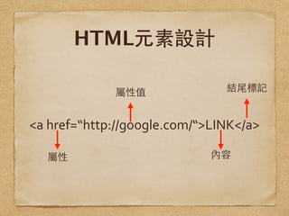 HTML元素設計
<a	
  href=“http://google.com/“>LINK</a>
屬性值
屬性 內容
結尾標記
 